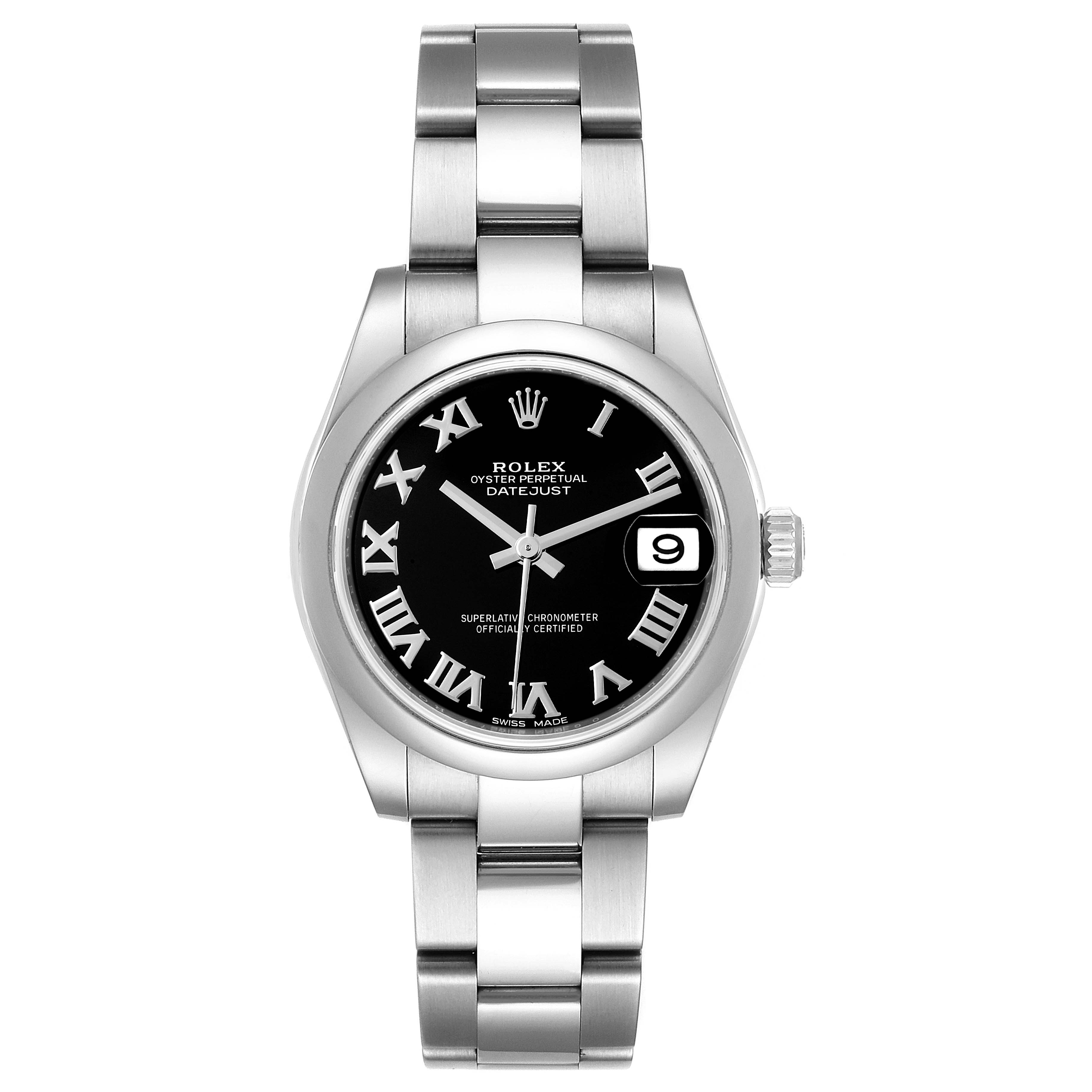 This is a top-down view of the Rolex Datejust 178240 Women's Stainless Steel Black Dial 178240 Women's Stainless Steel Black Dial watch, showcasing its black dial, Roman numerals, and metal bracelet.