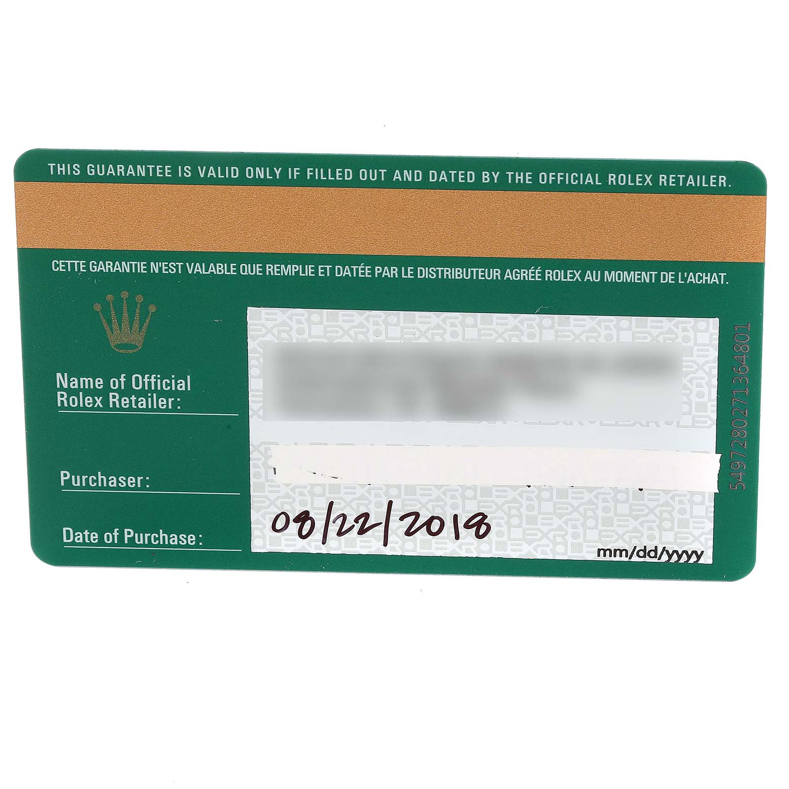 This image shows the official guarantee card for a Rolex Datejust 178240 Women's Stainless Steel Black Dial 178240 Women's Stainless Steel Black Dial watch.