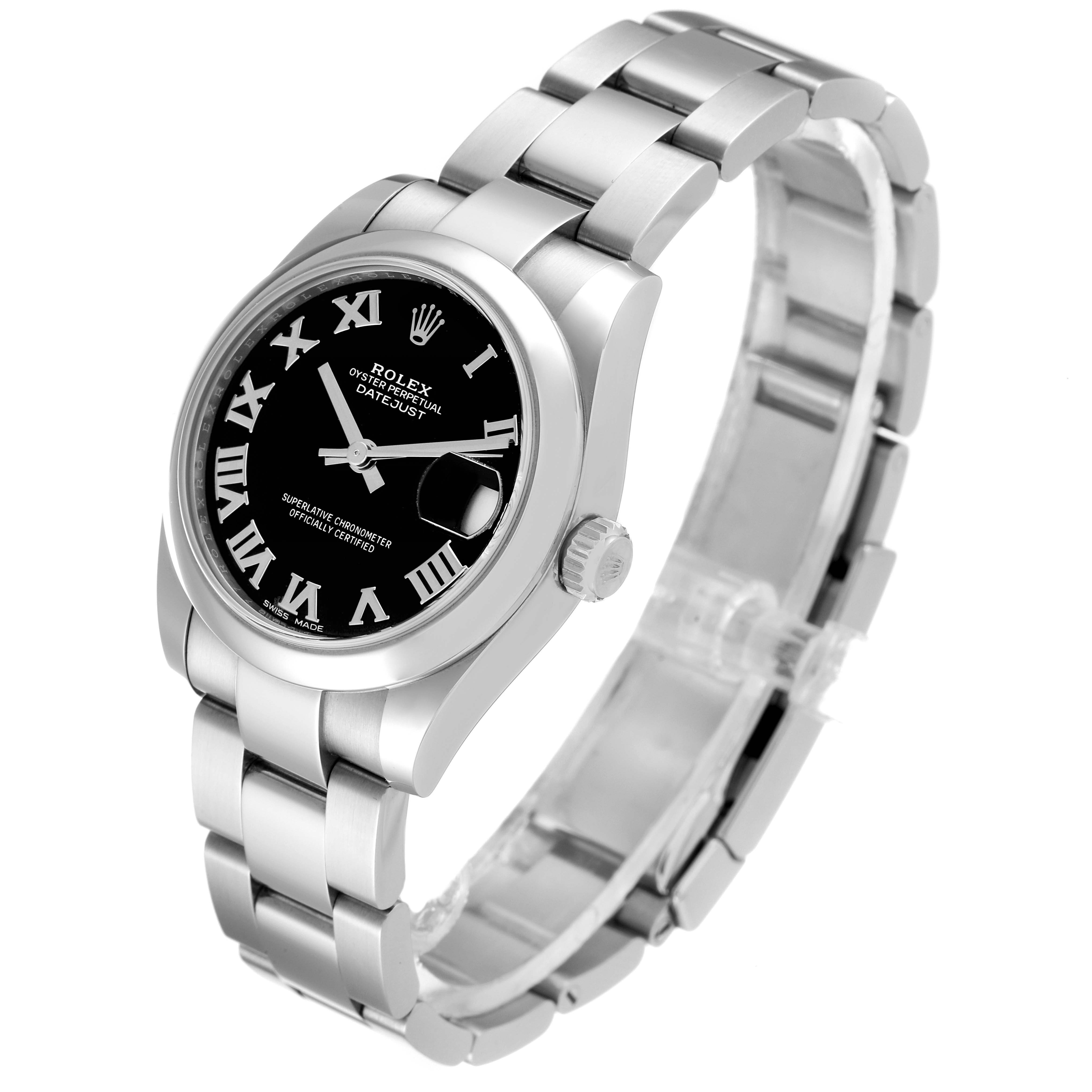 This image shows a Rolex Datejust 178240 Women's Stainless Steel Black Dial 178240 Women's Stainless Steel Black Dial model watch at an angled view, highlighting its black dial, case, crown, and stainless steel bracelet.