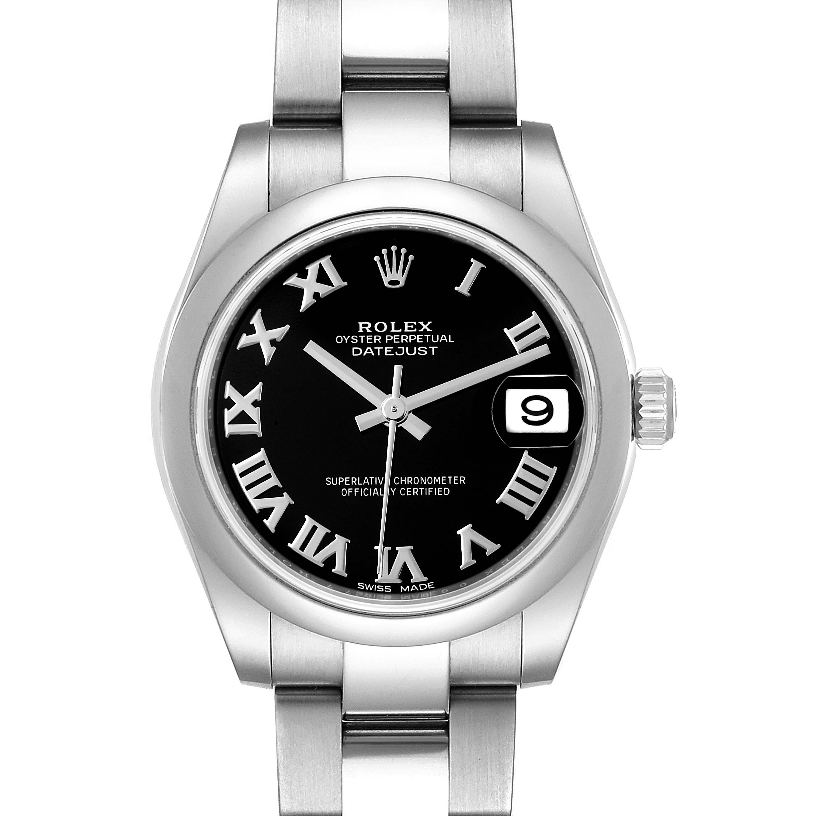 The image shows a frontal view of the Rolex Datejust 178240 Women's Stainless Steel Black Dial 178240 Women's Stainless Steel Black Dial watch, highlighting its black dial, Roman numerals, and date window.