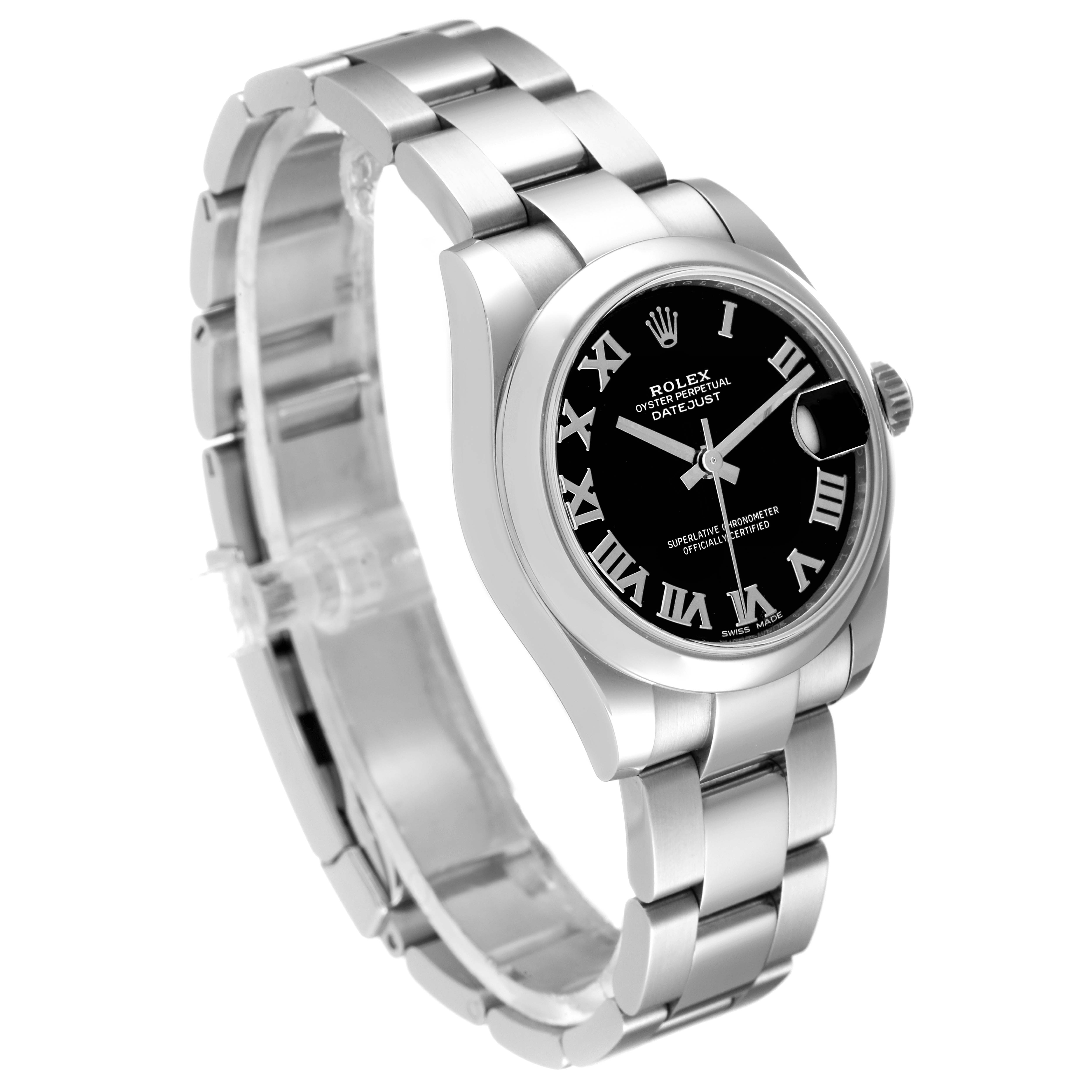 This Rolex Datejust 178240 Women's Stainless Steel Black Dial 178240 Women's Stainless Steel Black Dial watch is shown at an angle, highlighting its black dial, Roman numeral markers, and metal bracelet.