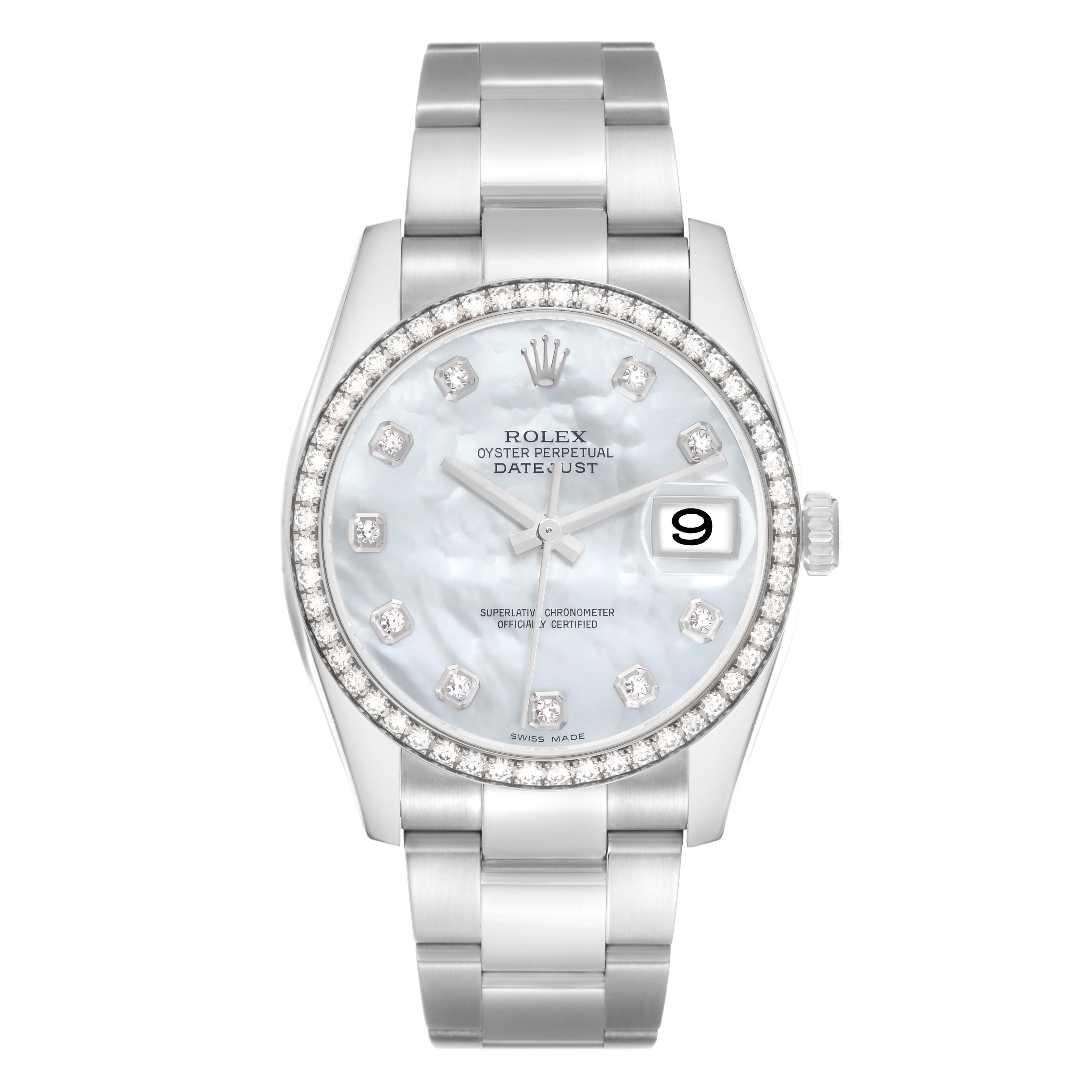 The Rolex Datejust model 116244 men's watch is shown from a straight-on angle, highlighting its face, dial, bezel, and bracelet.