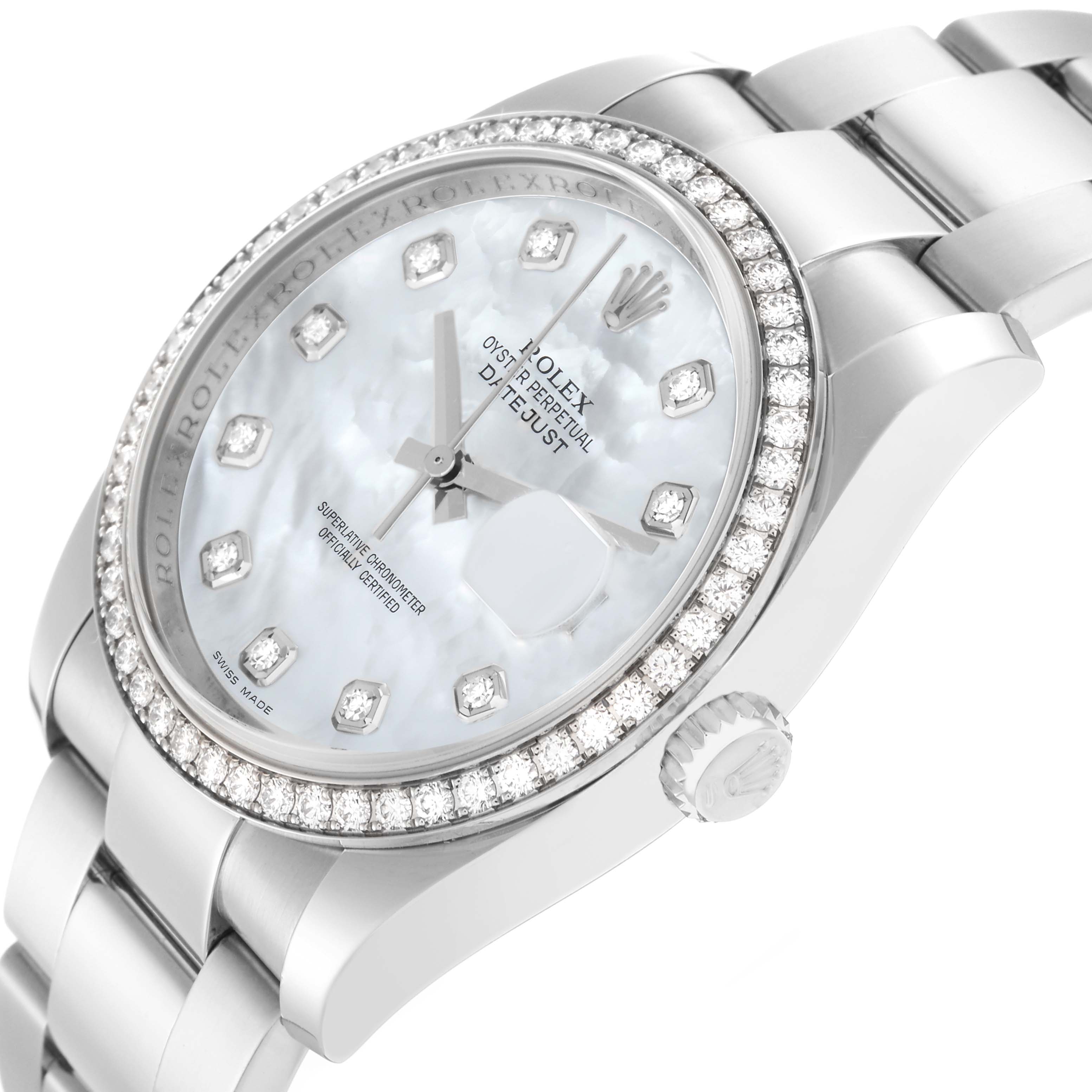 The Rolex Datejust model 116244 is shown at an angled side view, highlighting the diamond bezel, mother-of-pearl dial, and crown.