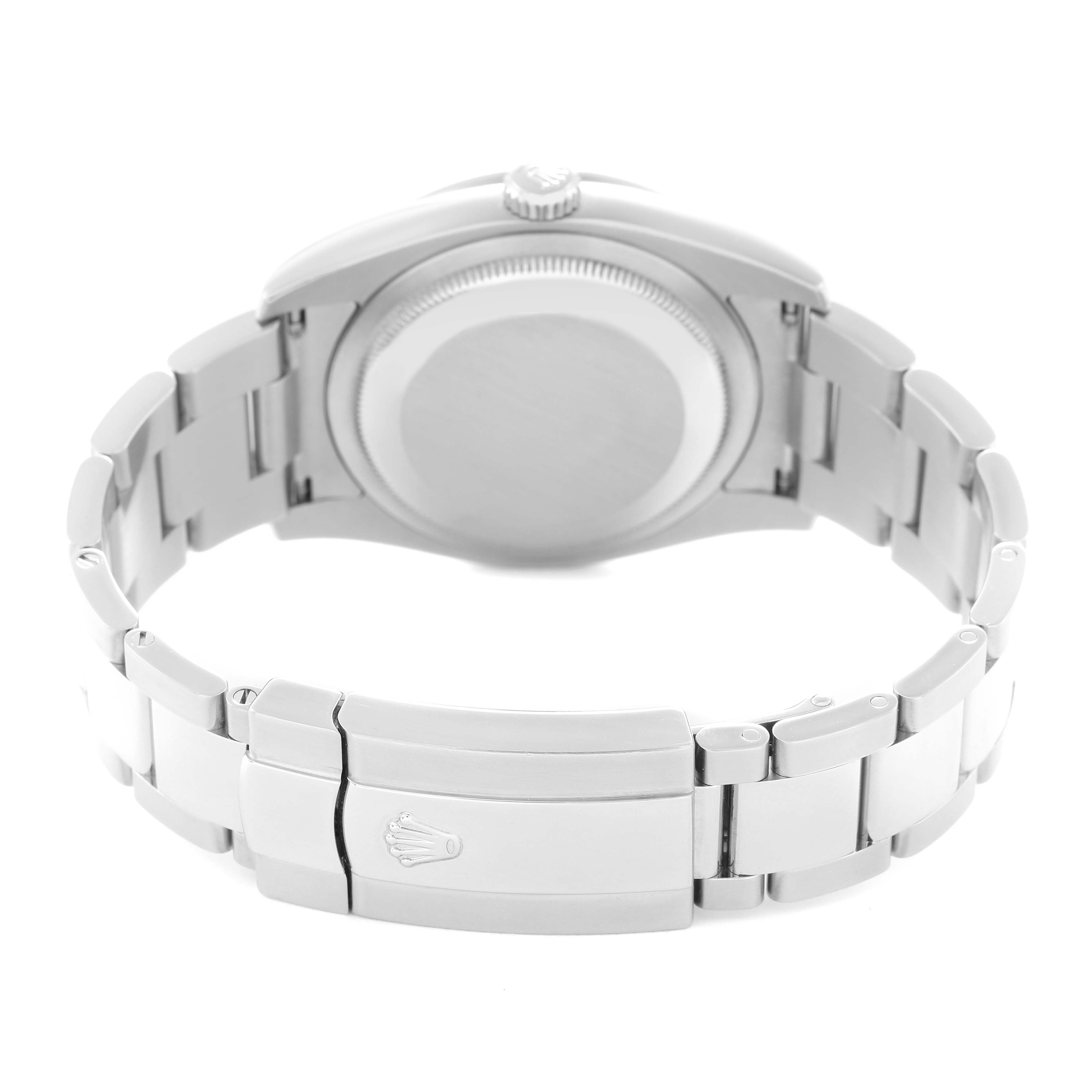 The image shows the back of a Rolex Datejust model 116244 men's watch, focusing on the closed clasp and bracelet links.