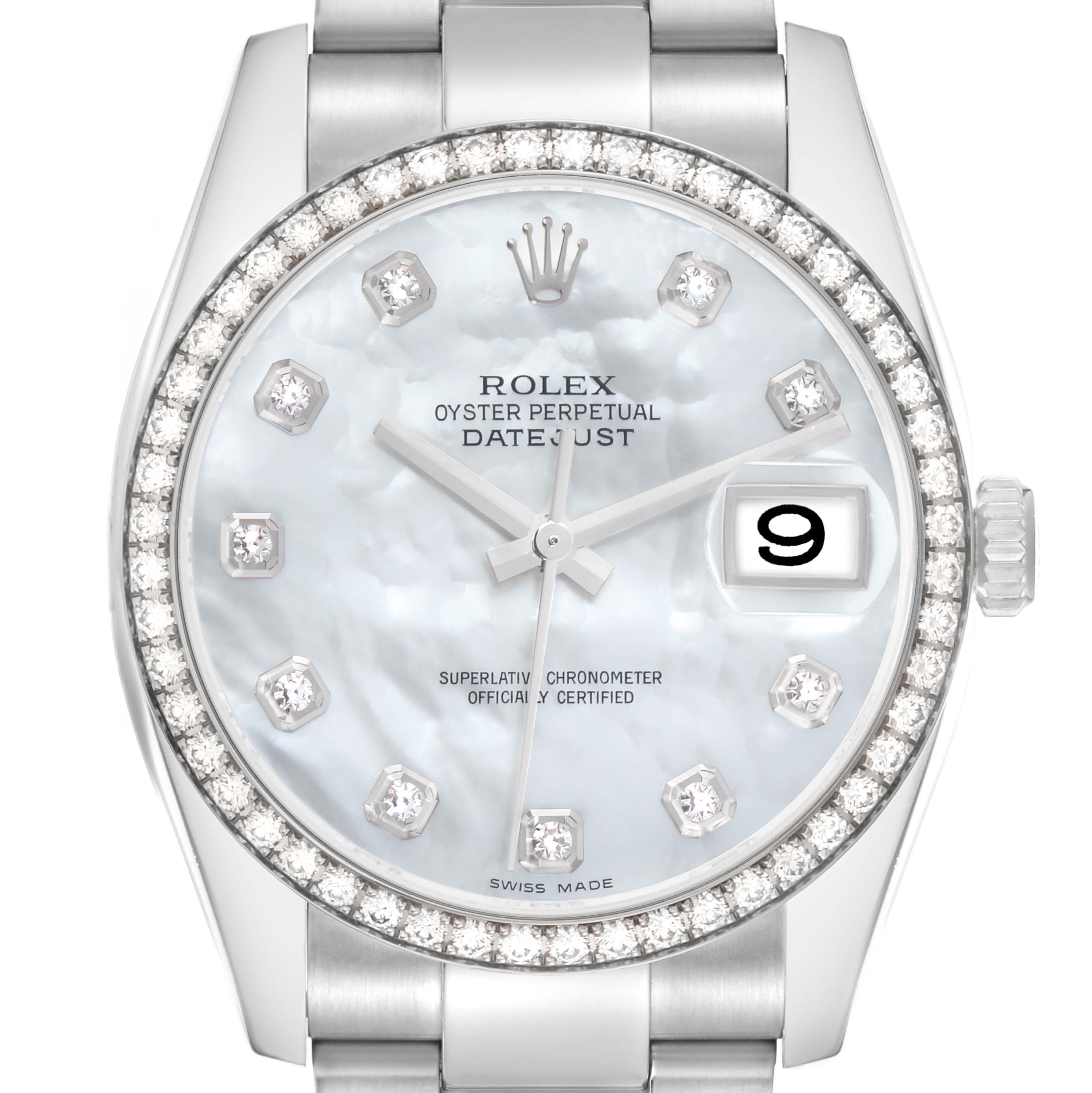 The Rolex Datejust model number 116244 is shown from a front view, highlighting the diamond bezel, mother-of-pearl dial, and bracelet.