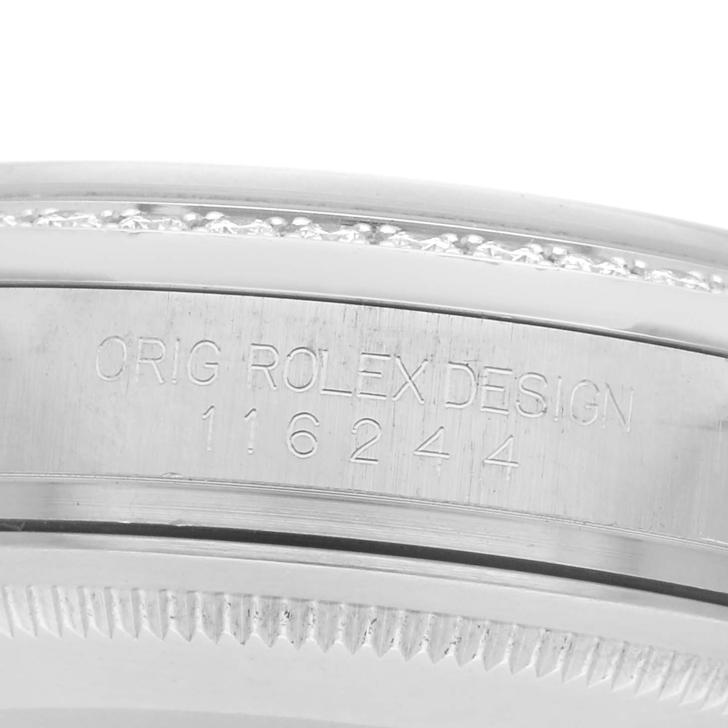 The image shows a close-up of the side of a Rolex Datejust watch, model number 116244, highlighting the engraved "ORIG ROLEX DESIGN" and model number.