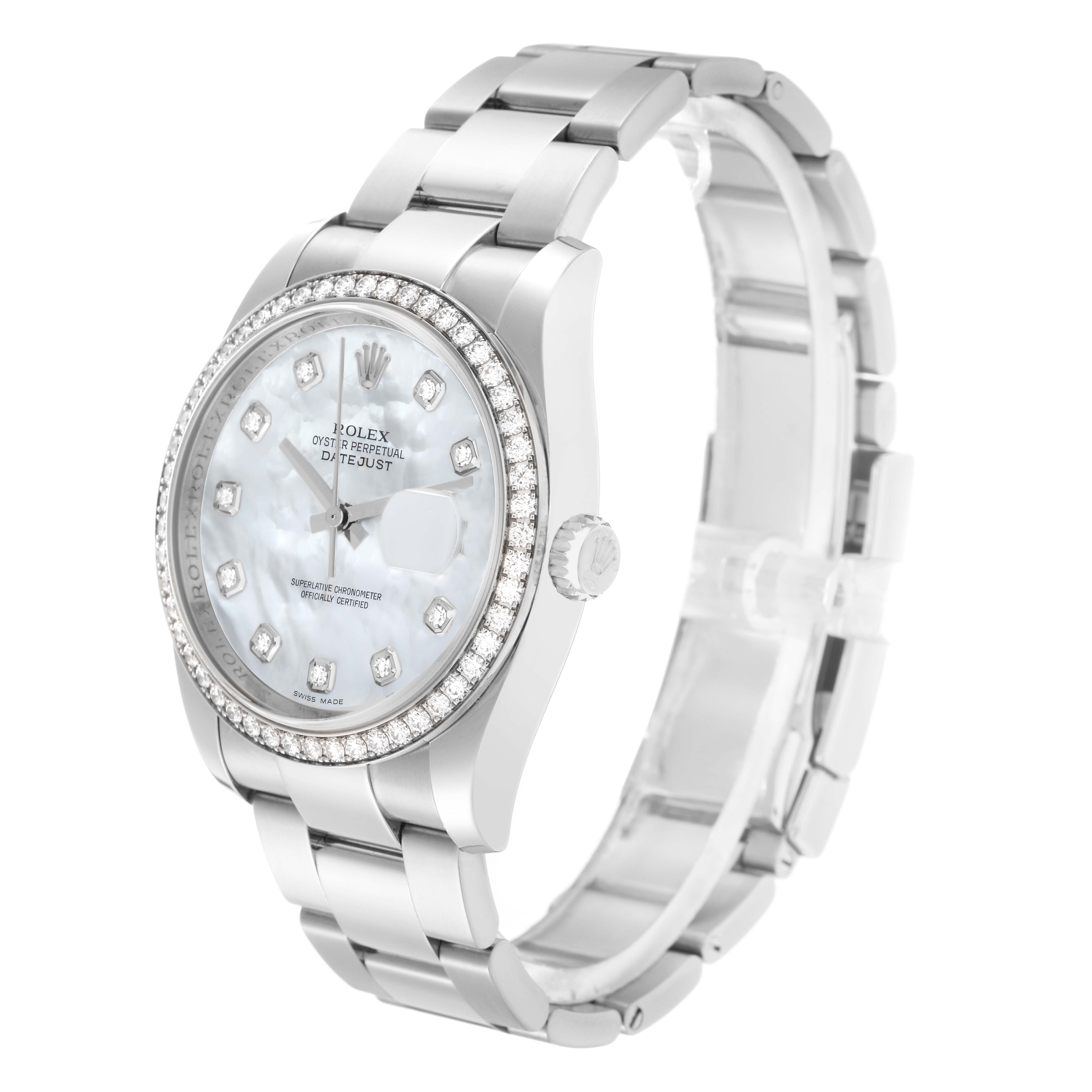 The Rolex Datejust model 116244 is shown at a three-quarter angle, highlighting the bezel, face, crown, and bracelet.