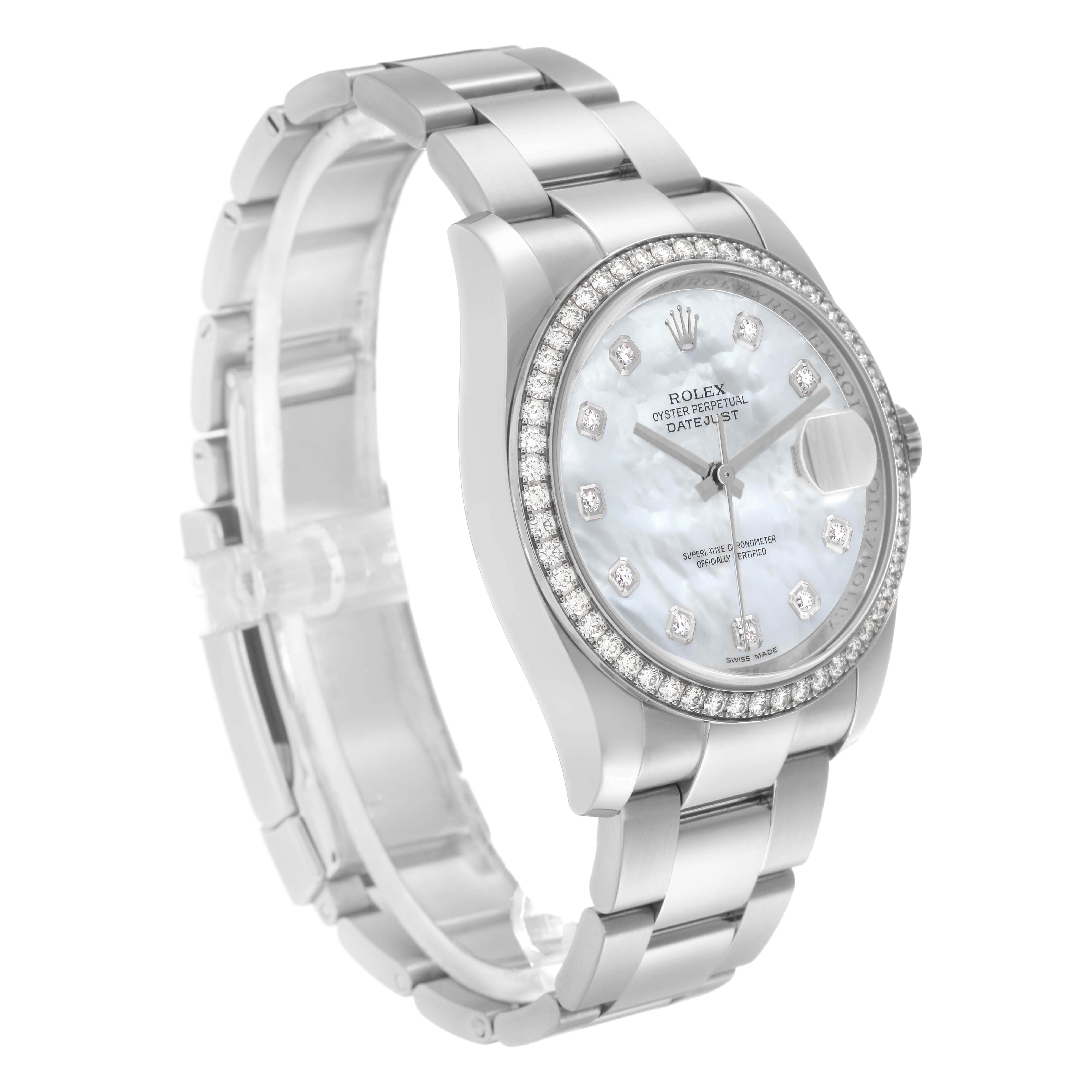 The Rolex Datejust model 116244 is shown at an angle highlighting the face, bezel, and stainless steel bracelet.