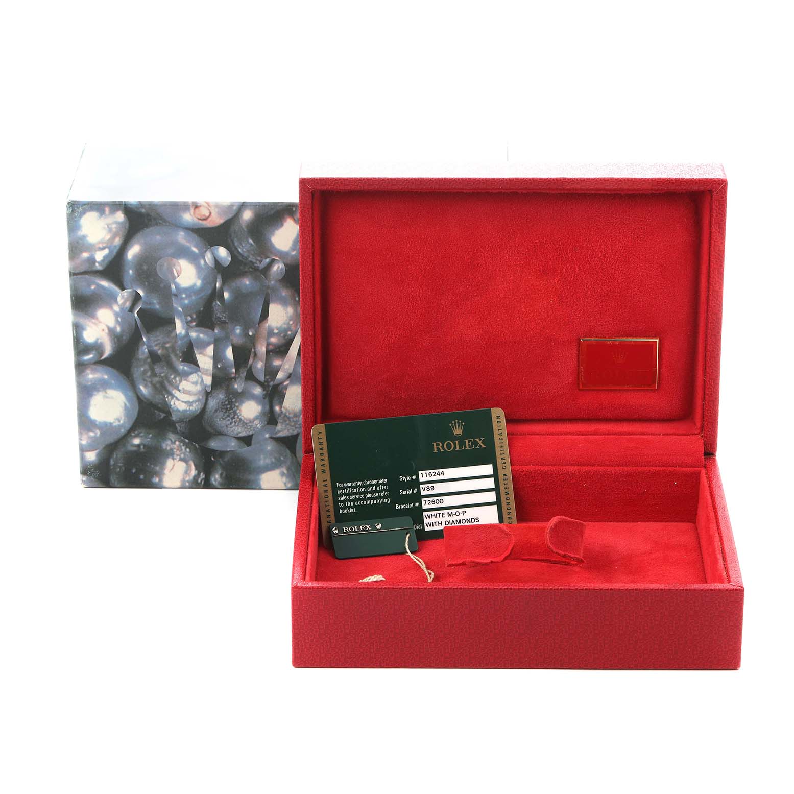 The image shows an empty red watch box for a Rolex Datejust model 116244 with a warranty card and outer packaging.