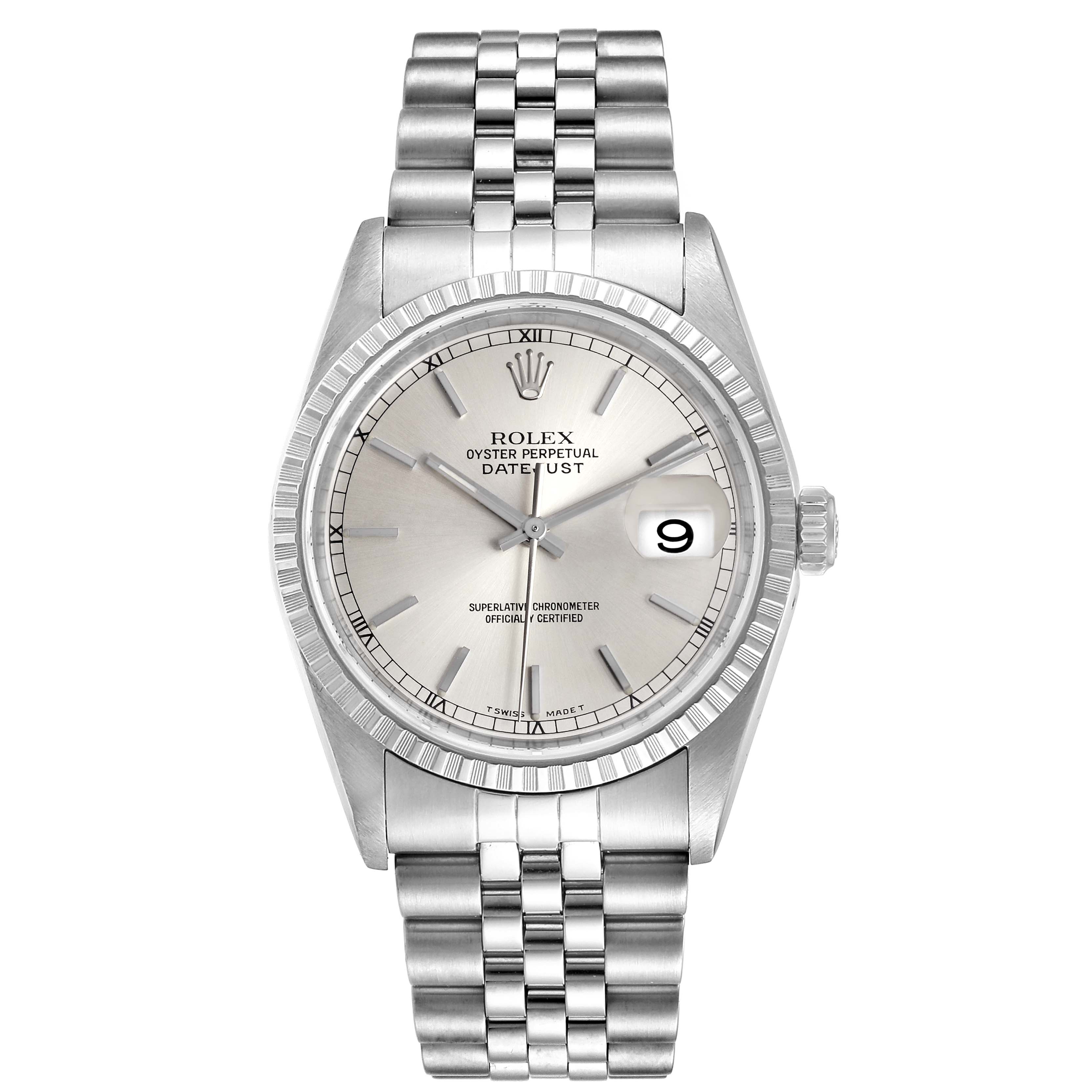 This image shows a front view of a Rolex Datejust 16220 Men's Stainless Steel Silver Dial 16220 Men's Stainless Steel Silver Dial watch, highlighting the dial, bezel, bracelet, and date window.