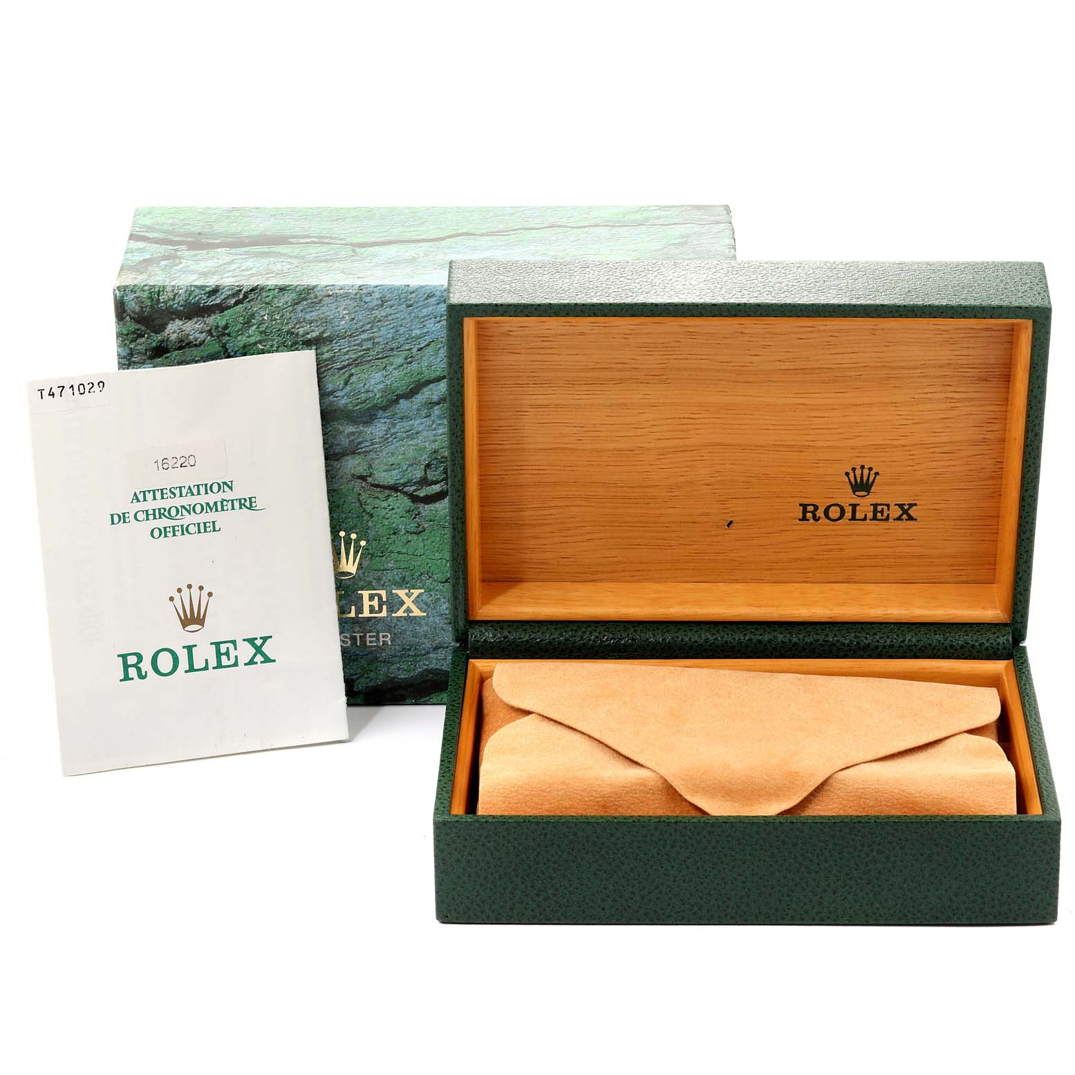 The image shows the packaging and documentation for a Rolex Datejust 16220 Men's Stainless Steel Silver Dial 16220 Men's Stainless Steel Silver Dial watch, including the box and certificate.