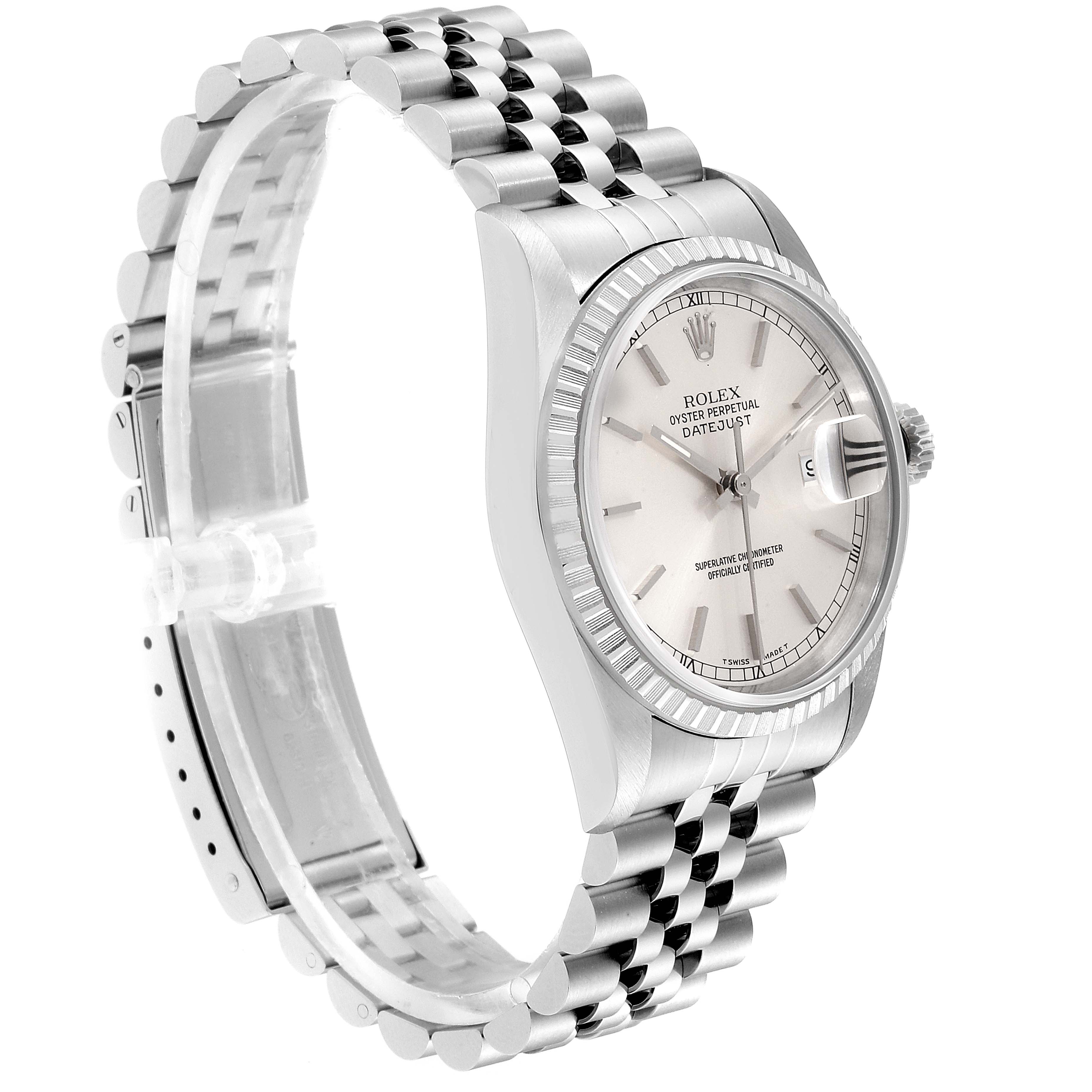 This image shows a side view of a Rolex Datejust 16220 Men's Stainless Steel Silver Dial 16220 Men's Stainless Steel Silver Dial, featuring its bracelet, case, dial, and fluted bezel.
