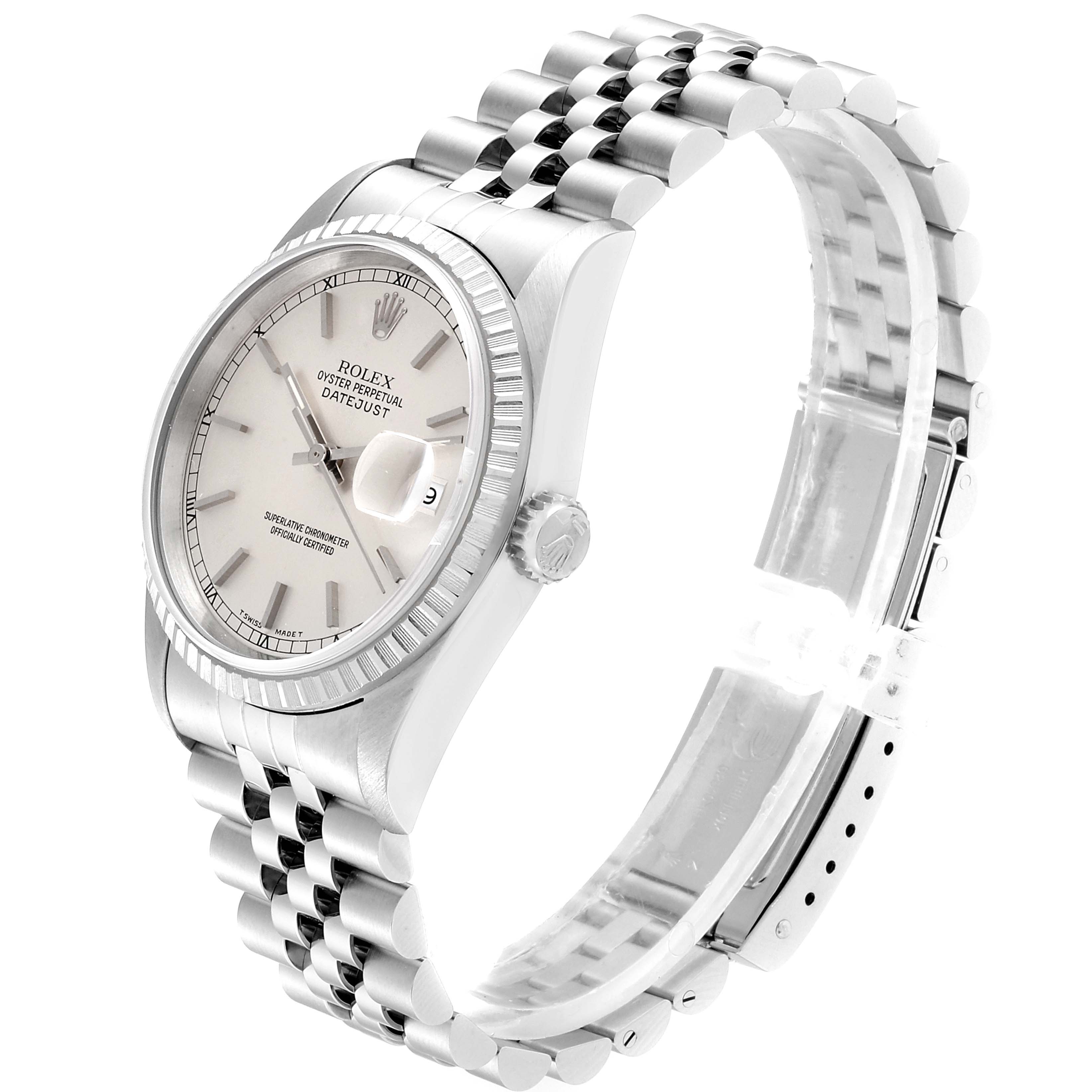 This image shows a Rolex Datejust 16220 Men's Stainless Steel Silver Dial 16220 Men's Stainless Steel Silver Dial watch angled to highlight the dial, bezel, case, crown, and bracelet.