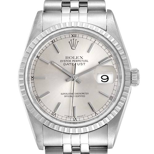 This image shows a front view of a Rolex Datejust watch, featuring its dial, bezel, hands, bracelet, and date window.