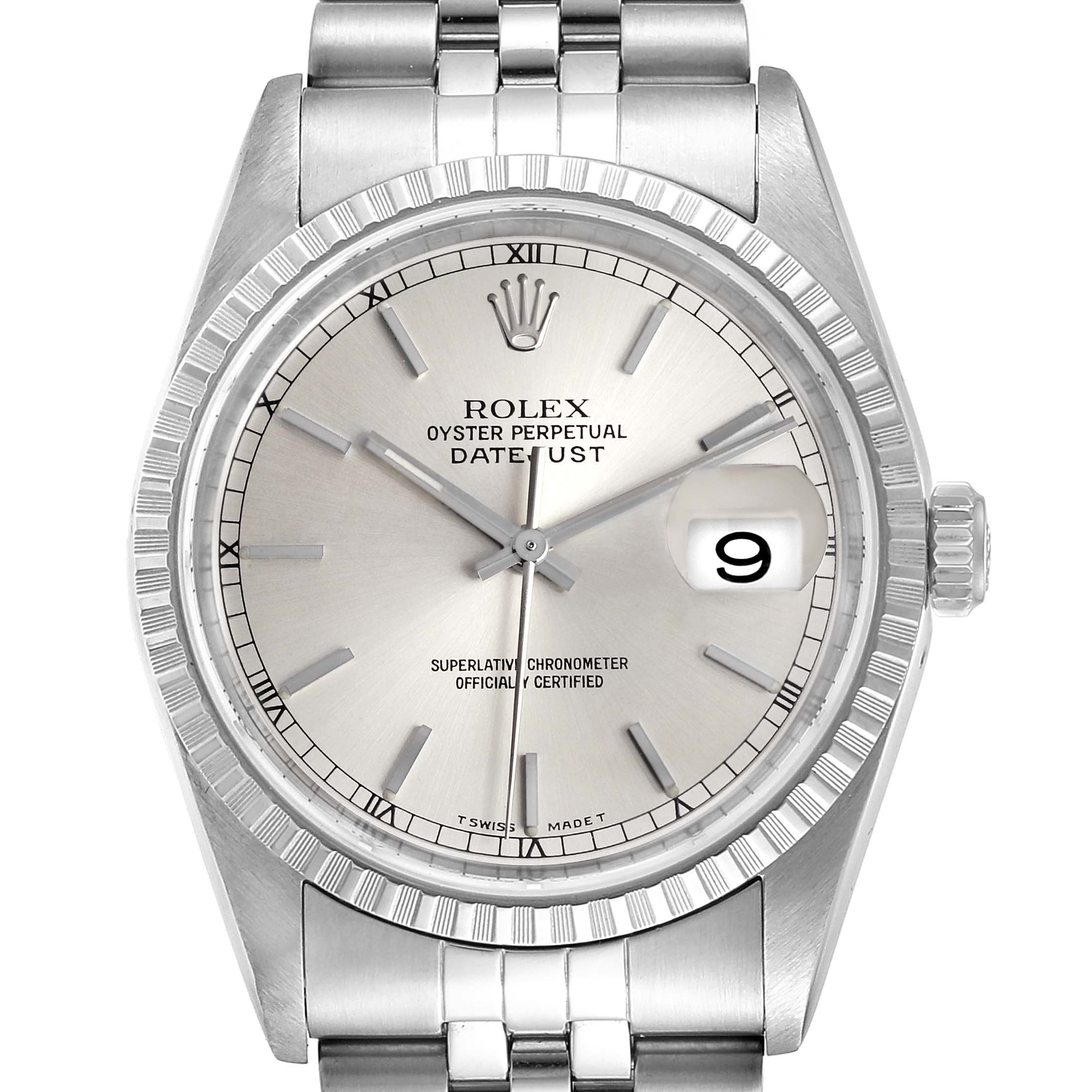 The image shows a frontal view of a Rolex Datejust 16220 Men's Stainless Steel Silver Dial 16220 Men's Stainless Steel Silver Dial watch, displaying its face, bezel, crown, and part of its bracelet.