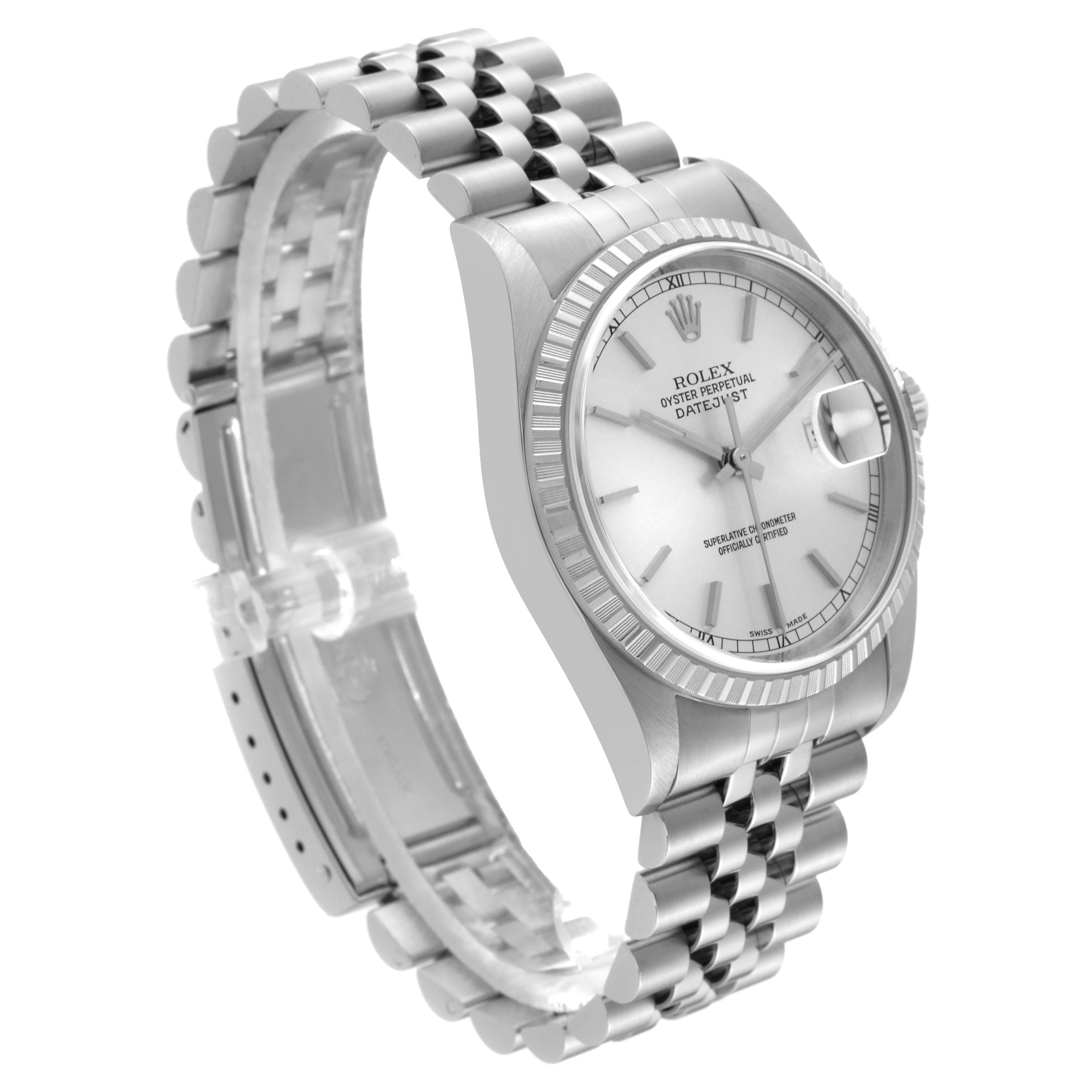 The image shows a side angle of a Rolex Datejust 16220 Men
s Stainless Steel Silver Dial 16220 Men
s Stainless Steel Silver Dial watch, highlighting the case, dial, bracelet, and clasp.