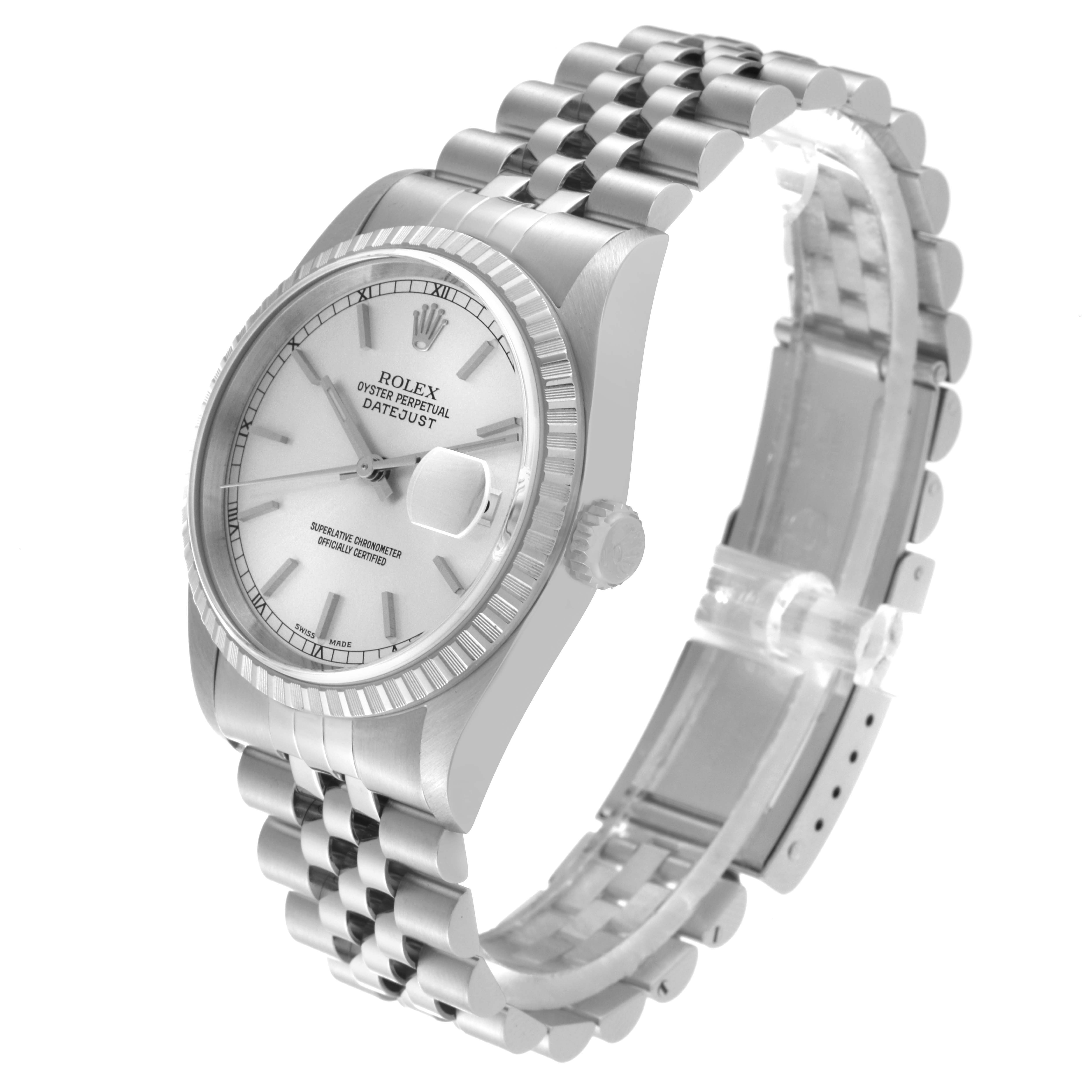 The image shows a Rolex Datejust 16220 Men
s Stainless Steel Silver Dial 16220 Men
s Stainless Steel Silver Dial watch at a three-quarter angle, highlighting the dial, bezel, crown, and Jubilee bracelet.