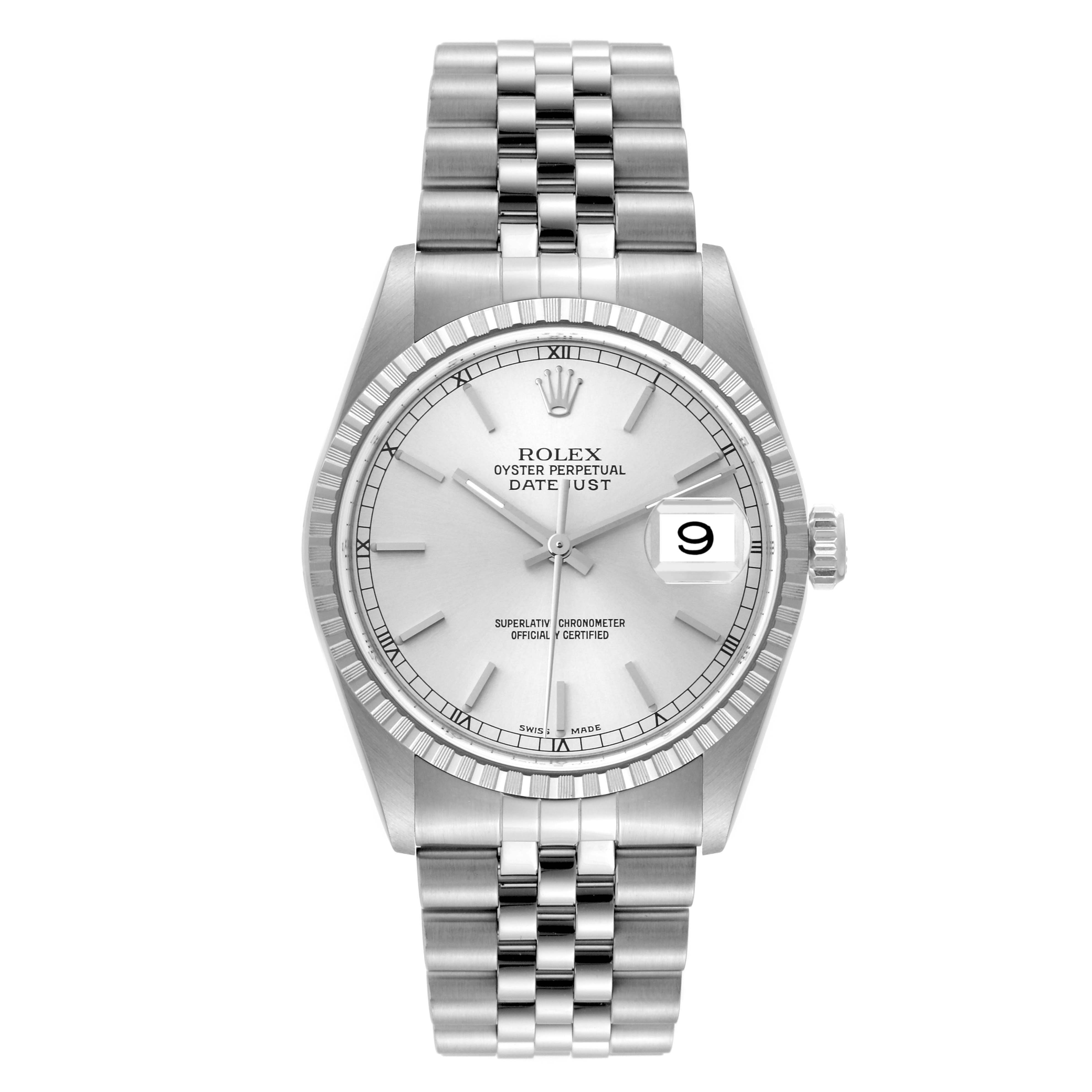 The image shows a front view of a Rolex Datejust 16220 Men
s Stainless Steel Silver Dial 16220 Men
s Stainless Steel Silver Dial watch, displaying the dial, bezel, crown, and bracelet.