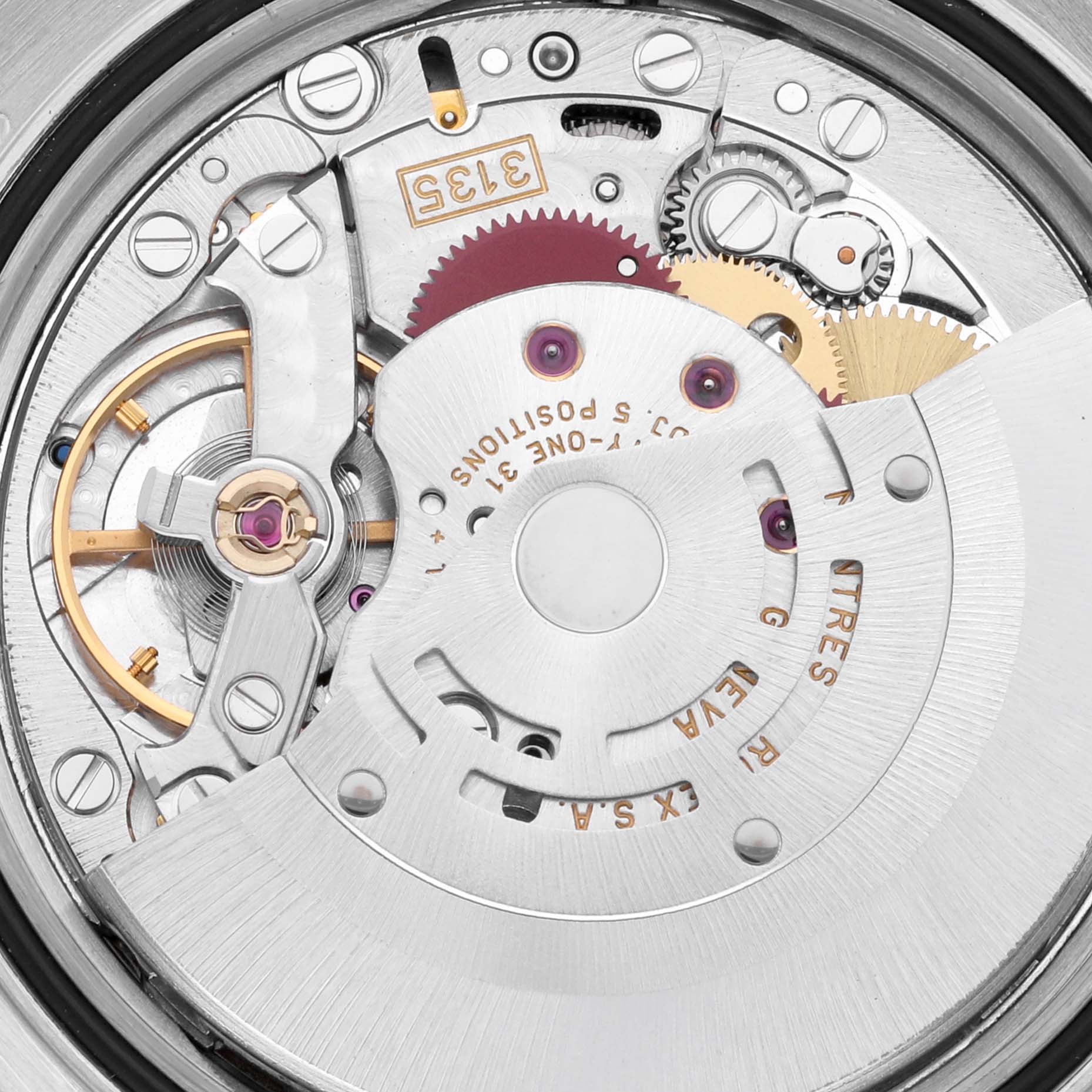 This is a close-up view of the Rolex Datejust 16220 Men
s Stainless Steel Silver Dial 16220 Men
s Stainless Steel Silver Dial watch movement mechanism.