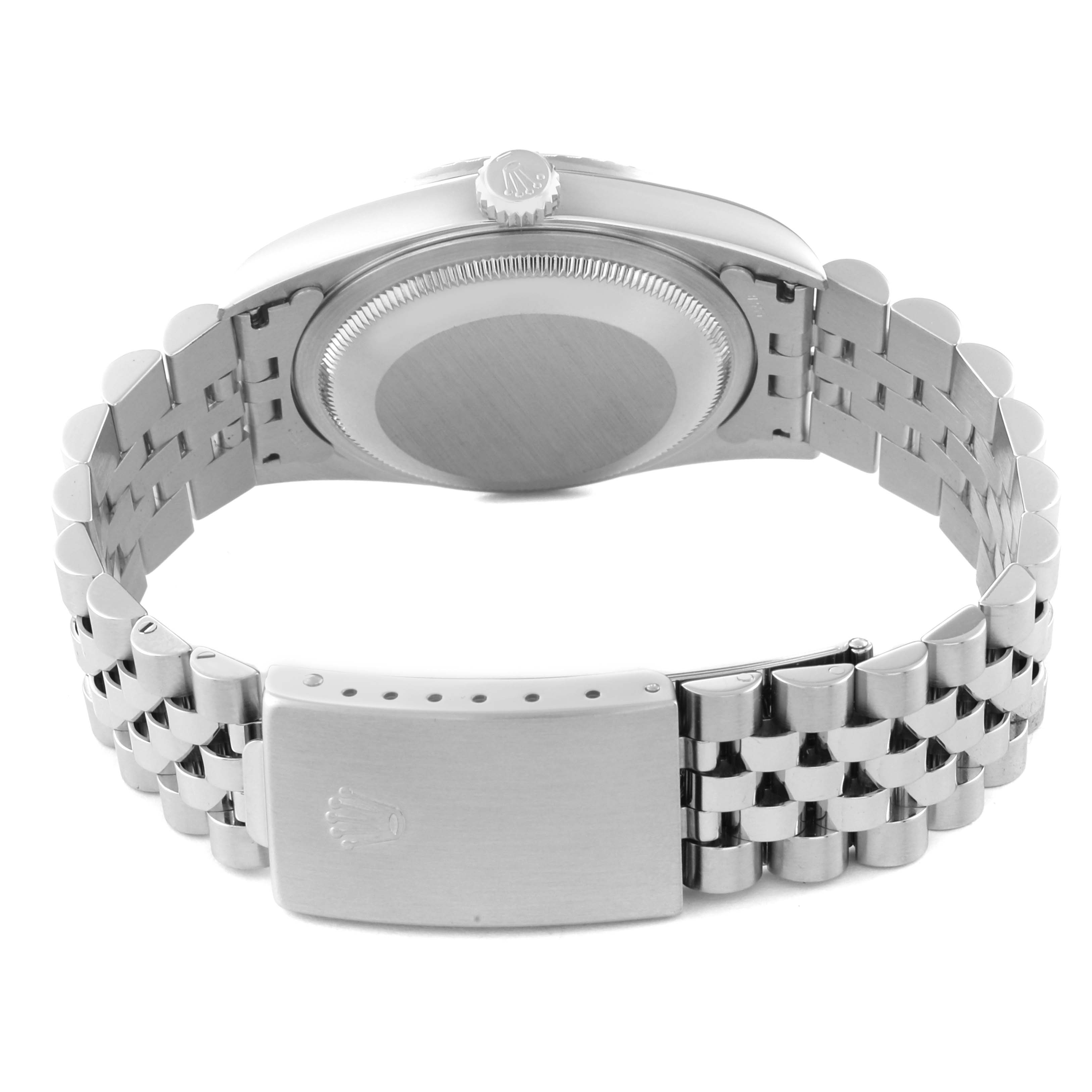 The image shows the back view of a Rolex Datejust 16220 Men
s Stainless Steel Silver Dial 16220 Men
s Stainless Steel Silver Dial watch, highlighting the case back, crown, and jubilee bracelet with clasp.