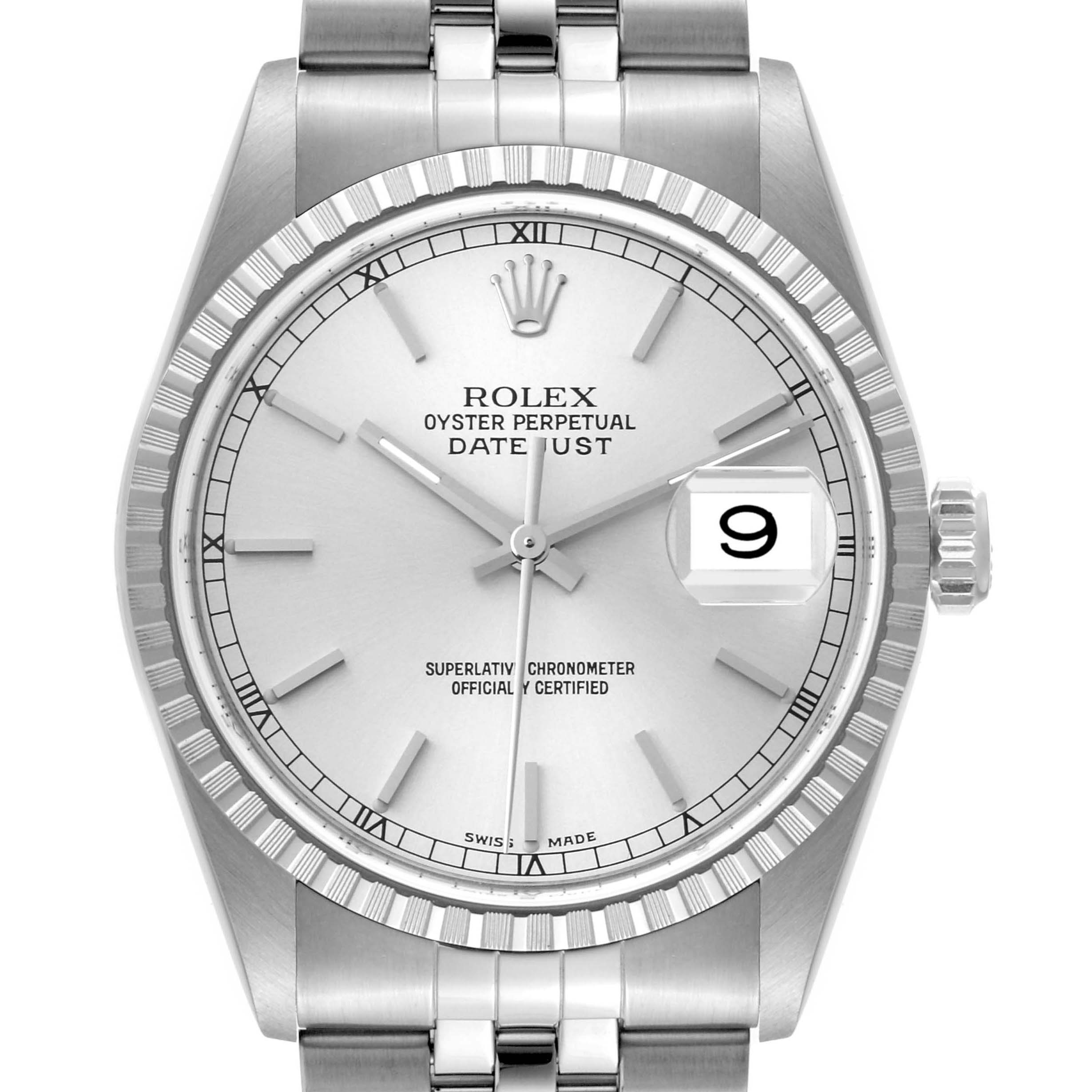 The Rolex Datejust 16220 Men
s Stainless Steel Silver Dial 16220 Men
s Stainless Steel Silver Dial watch is shown from the front, displaying its dial, hands, fluted bezel, and part of the bracelet.