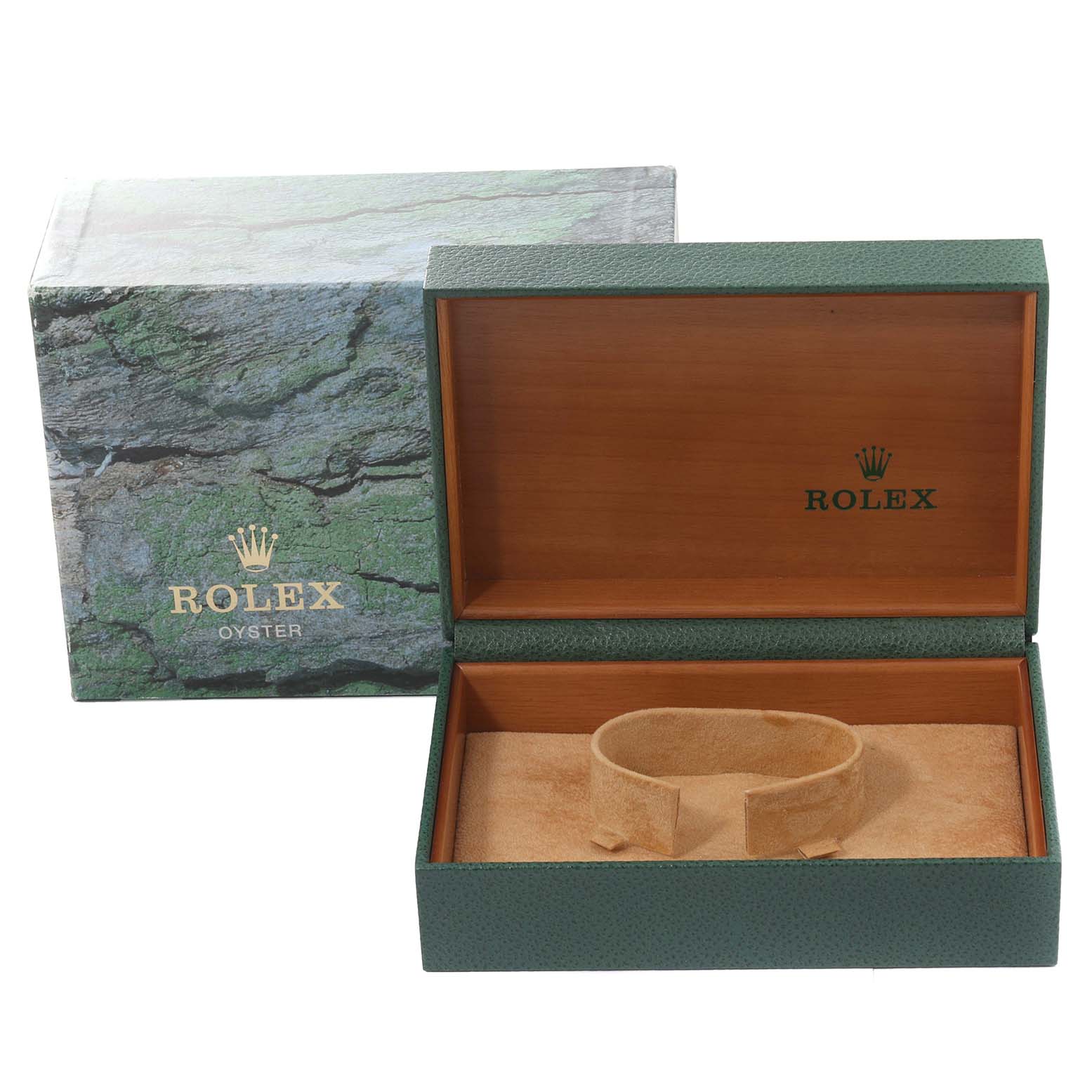 The image shows the outer and inner packaging boxes for a Rolex Datejust 16220 Men
s Stainless Steel Silver Dial 16220 Men
s Stainless Steel Silver Dial watch, with the inner box open and empty.