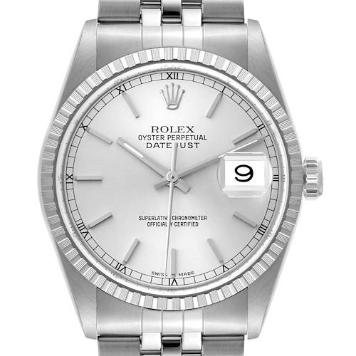 The image shows a front view of the Rolex Datejust watch, highlighting the dial, fluted bezel, and bracelet.