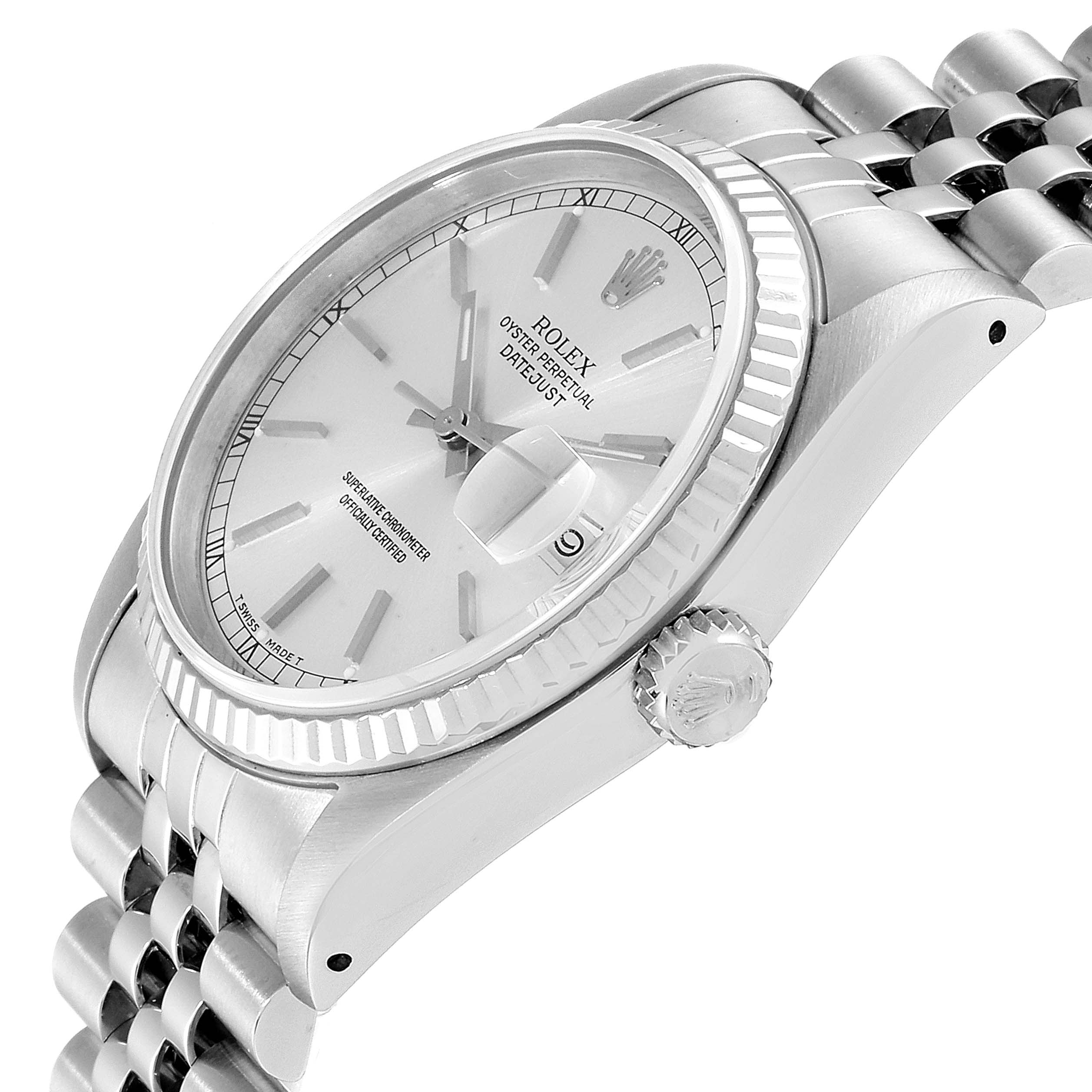 The image shows a side angle of the Rolex Datejust 16234 Men's Stainless Steel Silver Dial 16234 Men's Stainless Steel Silver Dial watch, highlighting its bezel, crown, and bracelet.