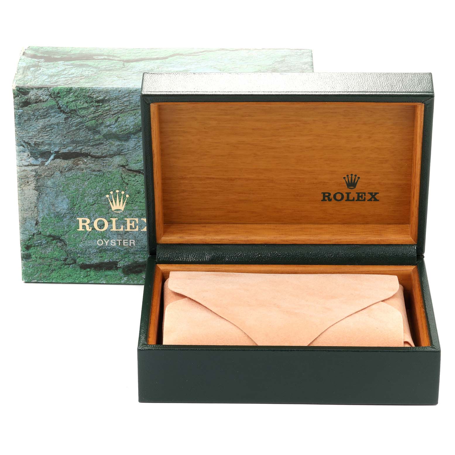 This is an open Rolex Datejust 16234 Men's Stainless Steel Silver Dial 16234 Men's Stainless Steel Silver Dial watch box with the inner and outer parts visible, including the cushion and packaging.