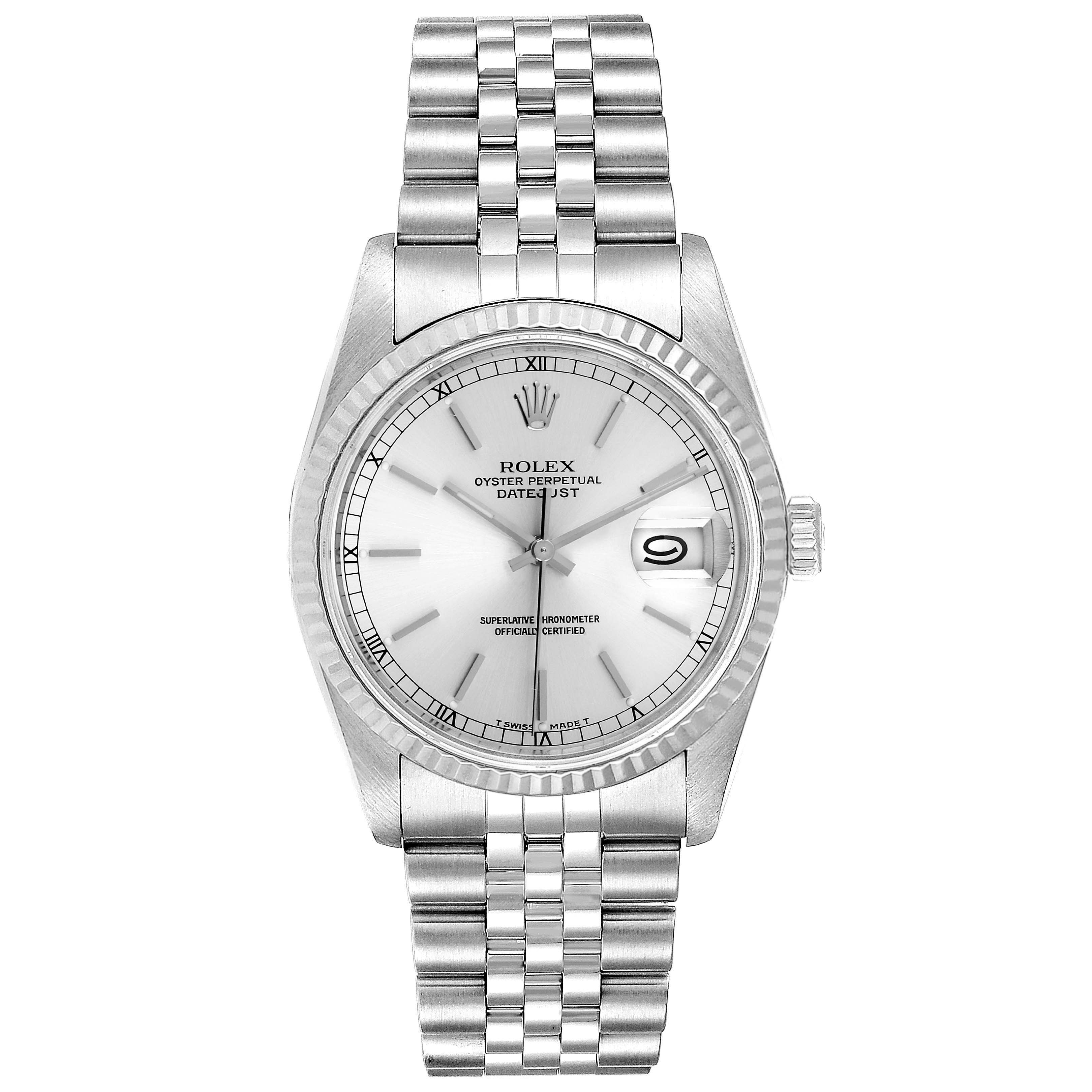 This is a front view of a Rolex Datejust 16234 Men's Stainless Steel Silver Dial 16234 Men's Stainless Steel Silver Dial model, showing its dial, bezel, crown, and bracelet.