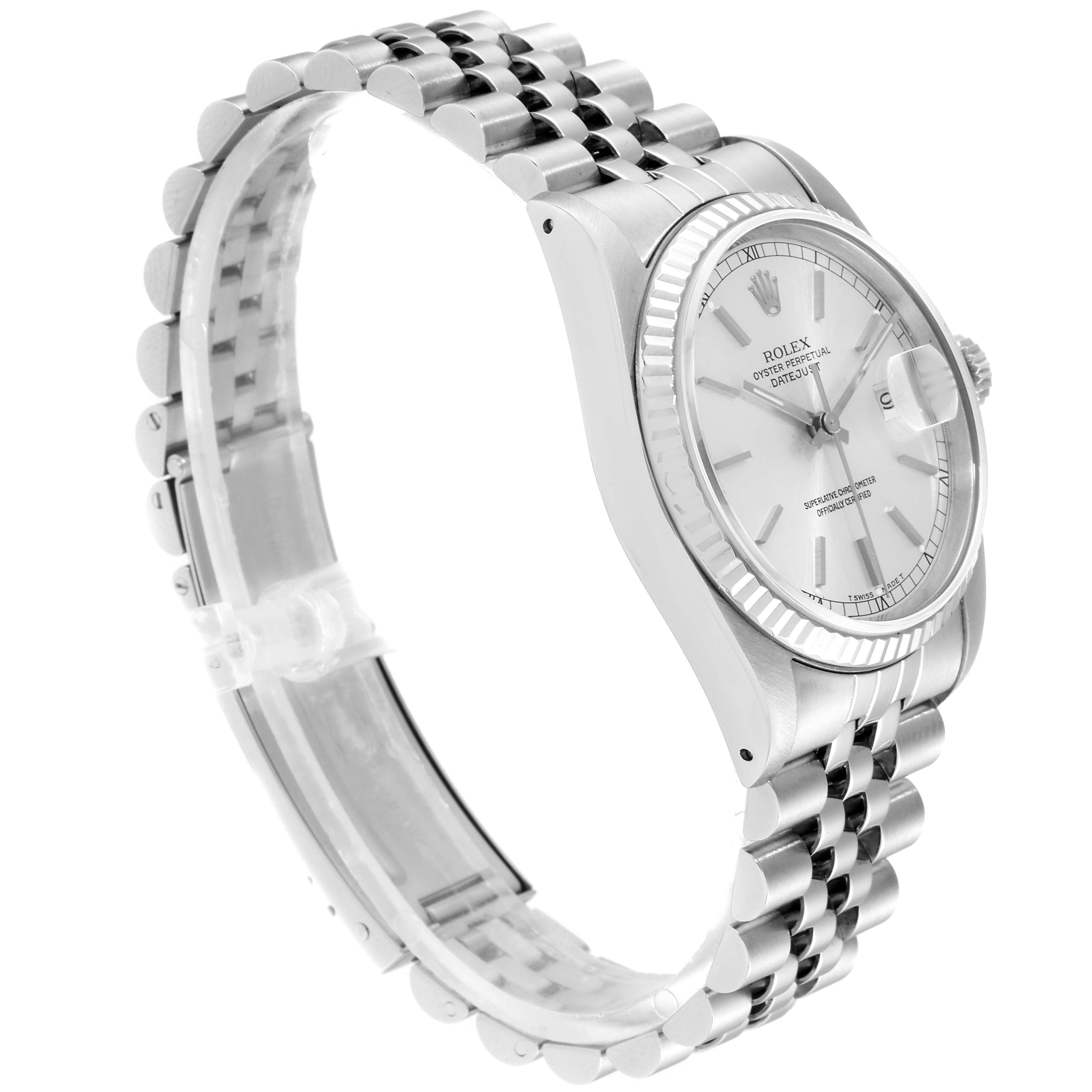 The image shows a side angle of a Rolex Datejust 16234 Men's Stainless Steel Silver Dial 16234 Men's Stainless Steel Silver Dial watch highlighting its bezel, dial, bracelet, and case.