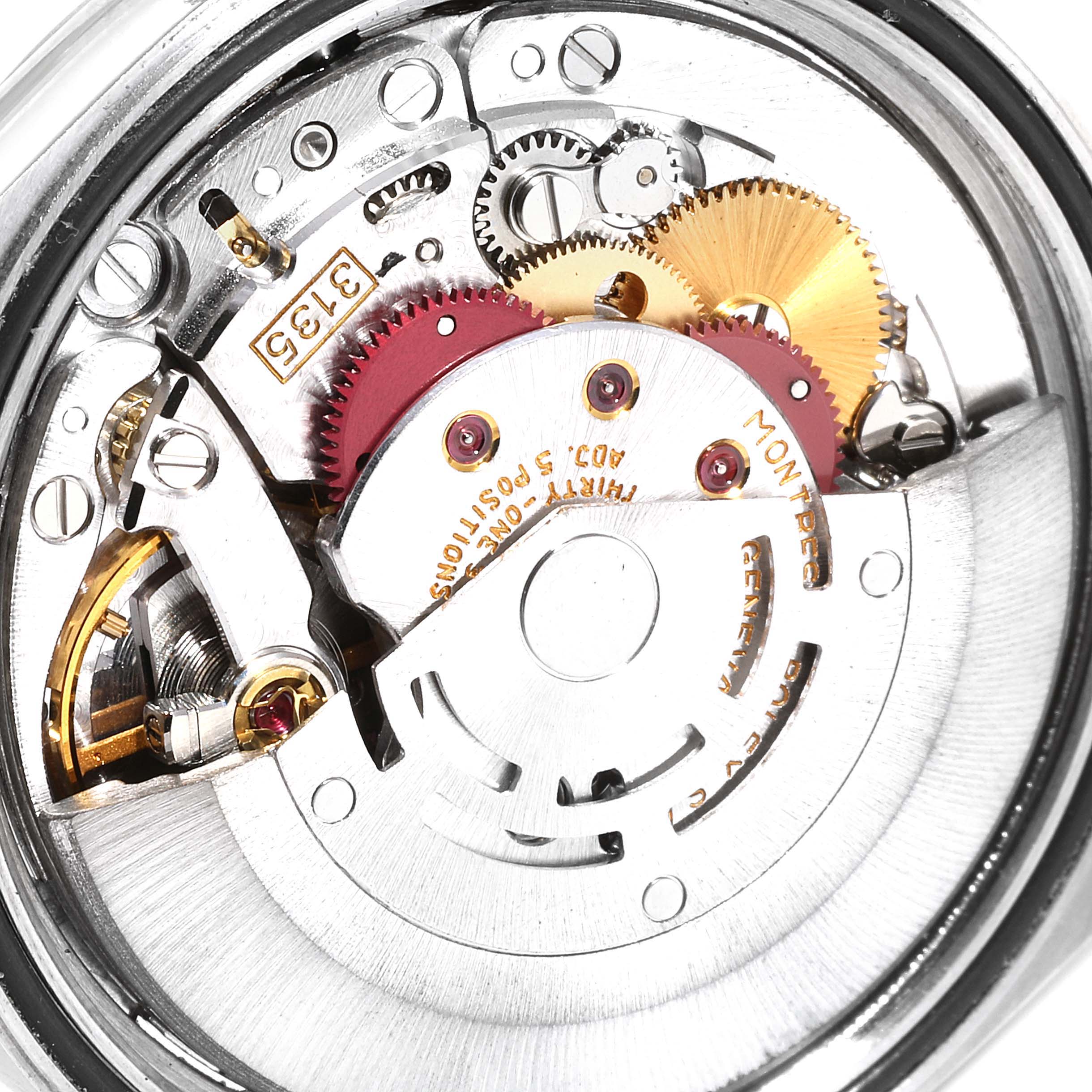 The image shows a close-up view of the movement parts inside a Rolex Datejust 16234 Men's Stainless Steel Silver Dial 16234 Men's Stainless Steel Silver Dial watch.