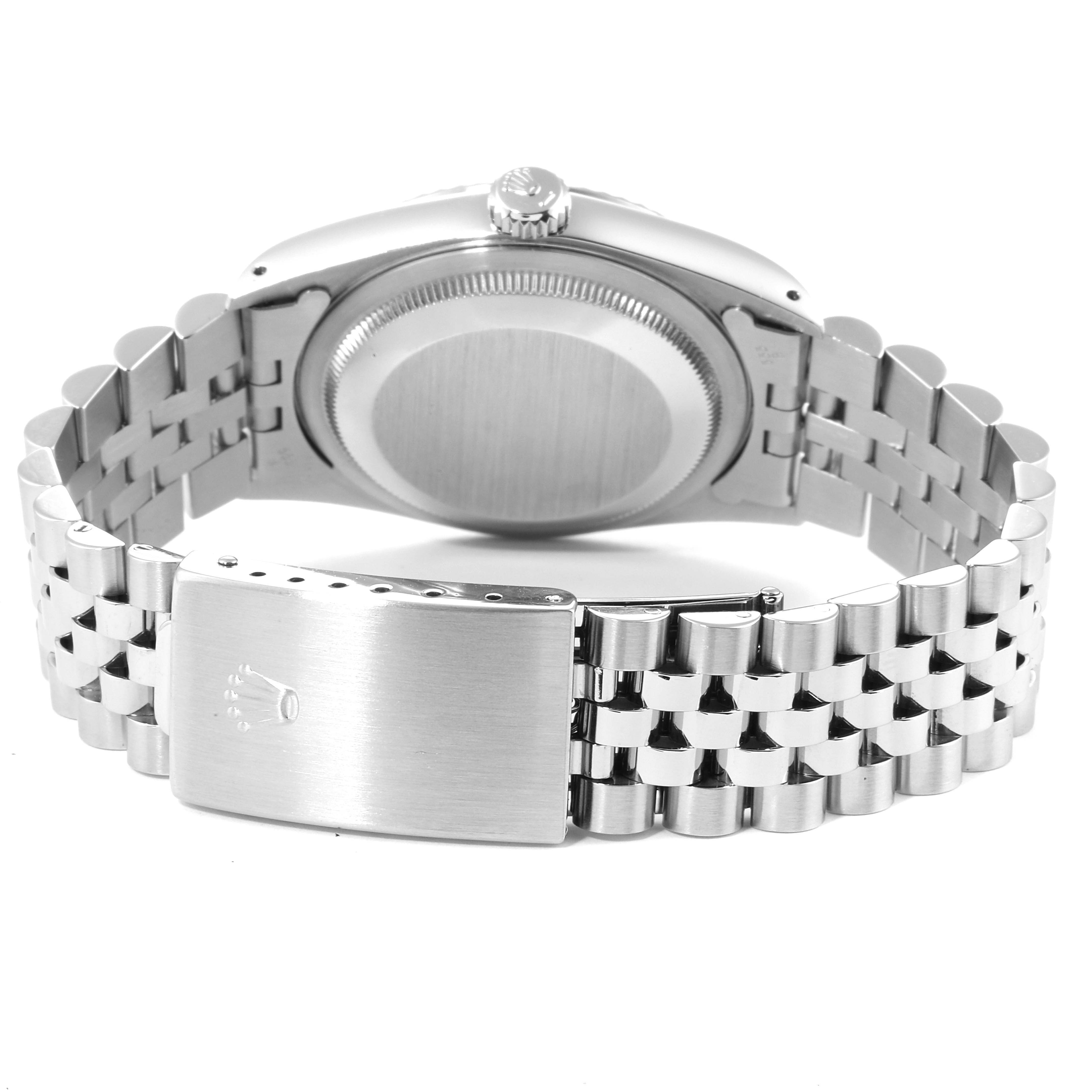 The image shows the stainless steel back and Jubilee bracelet of a Rolex Datejust 16234 Men's Stainless Steel Silver Dial 16234 Men's Stainless Steel Silver Dial watch, viewed from the rear.