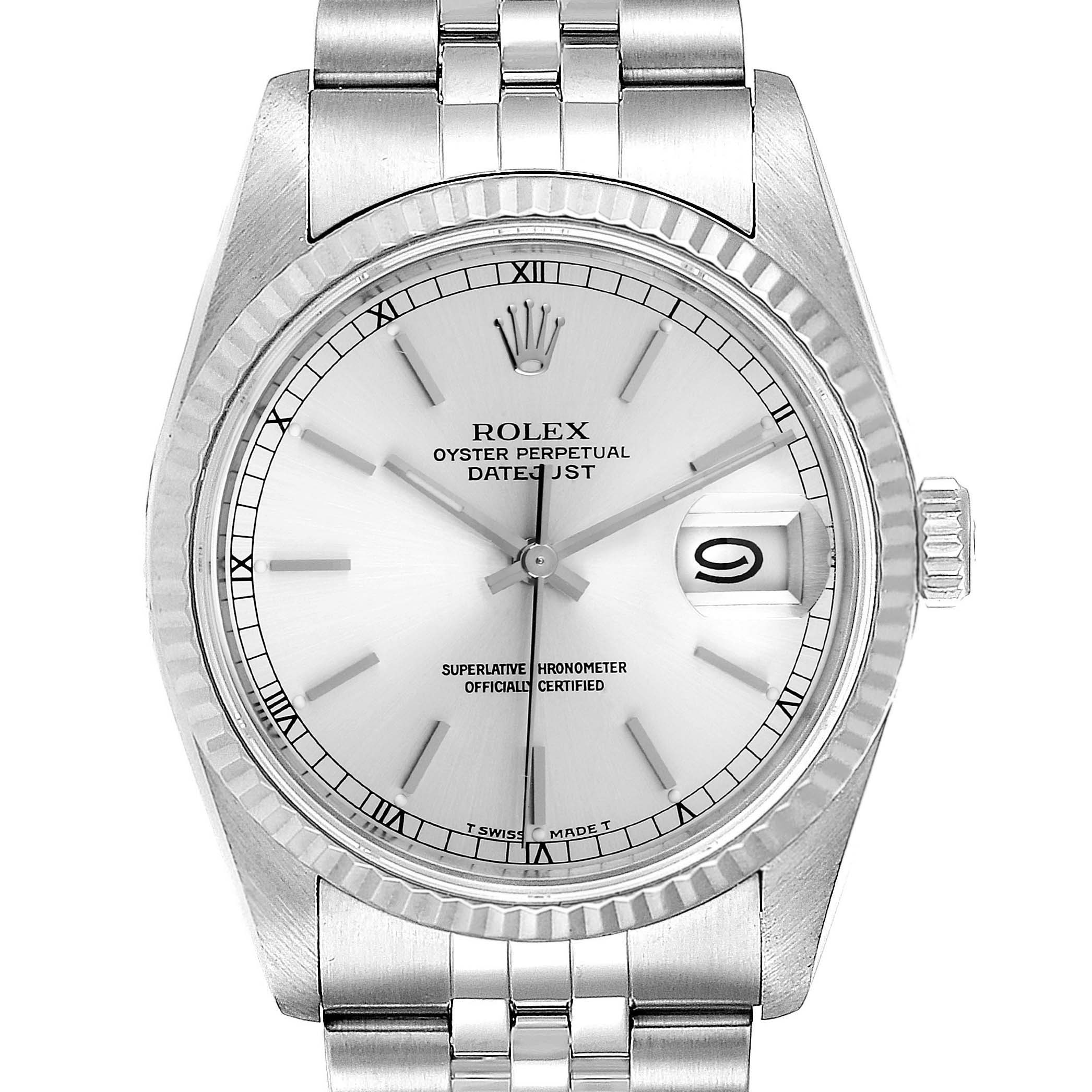 This image shows a front view of the Rolex Datejust 16234 Men's Stainless Steel Silver Dial 16234 Men's Stainless Steel Silver Dial watch, highlighting the dial, bezel, and bracelet.