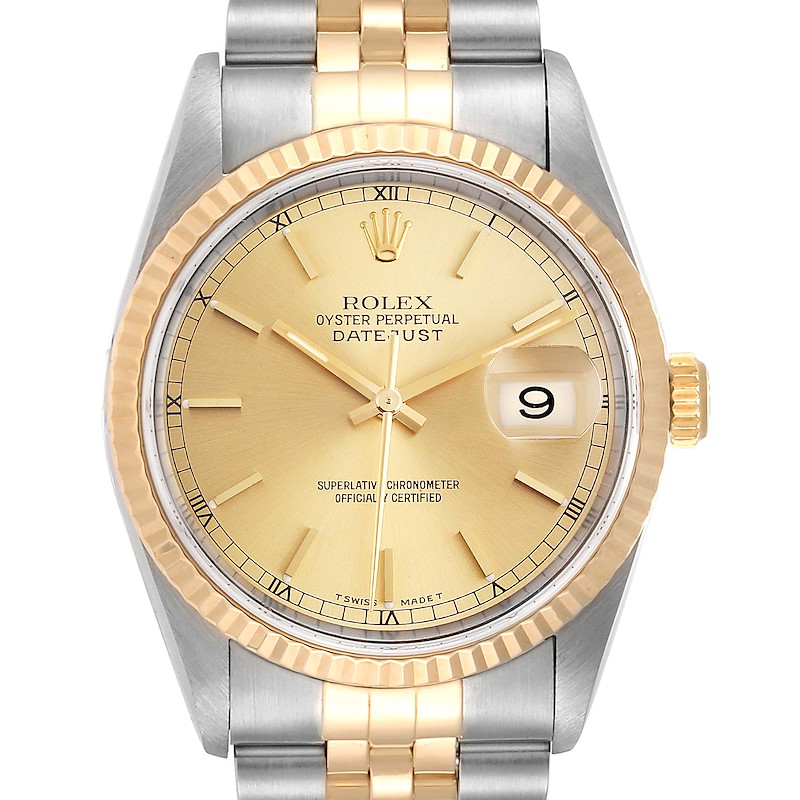 Rolex Datejust Steel 18K Yellow Gold Fluted Bezel Mens Watch 16233 SwissWatchExpo