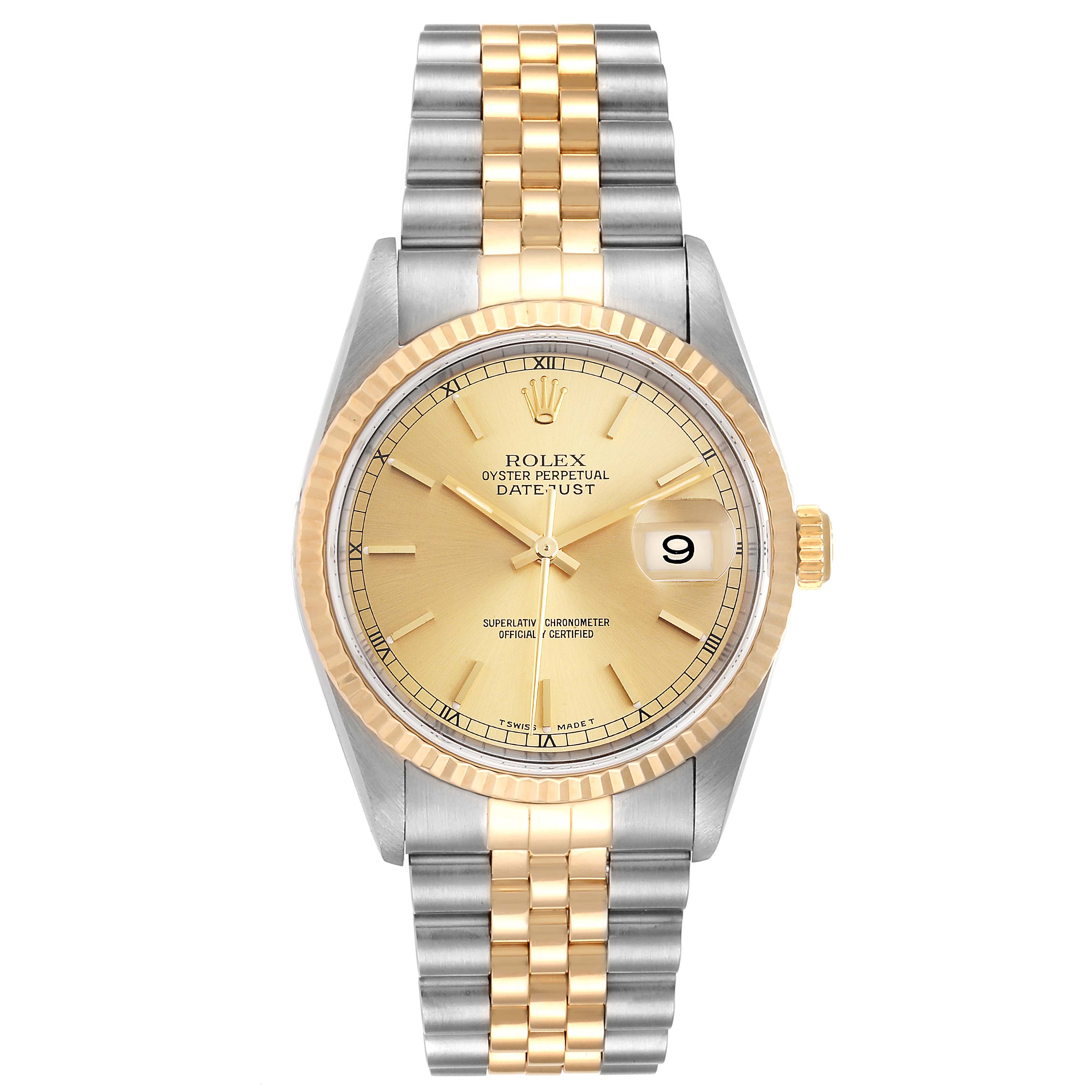 This image shows a frontal view of a Rolex Datejust 16233 Men
s Steel and Gold (two tone) Champagne Dial 16233 Men
s Steel and Gold (two tone) Champagne Dial watch, highlighting its bezel, dial, and two-tone bracelet.