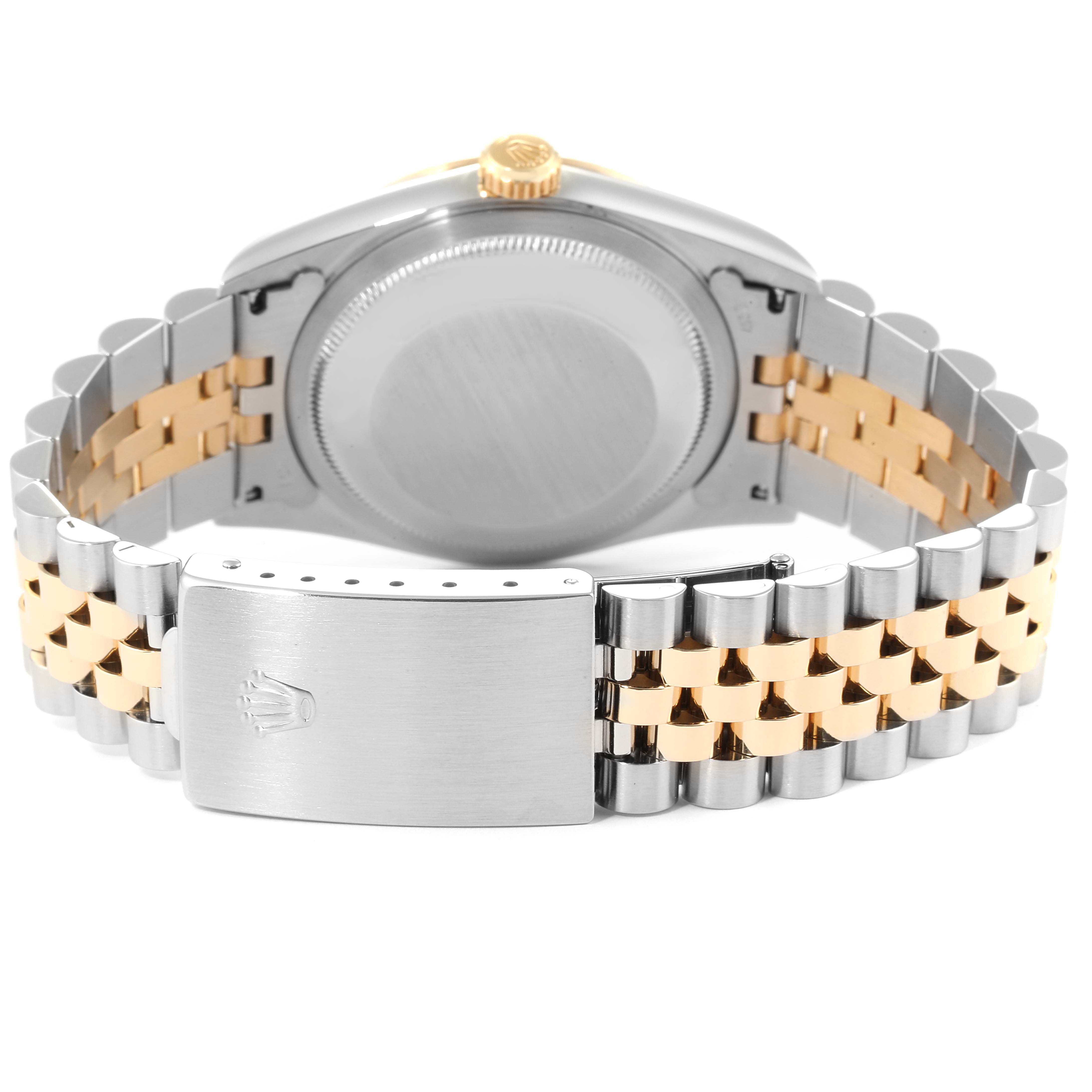 This image shows the backside of the Rolex Datejust 16233 Men
s Steel and Gold (two tone) Champagne Dial 16233 Men
s Steel and Gold (two tone) Champagne Dial, highlighting the case back, crown, and two-tone metal bracelet with a clasp.