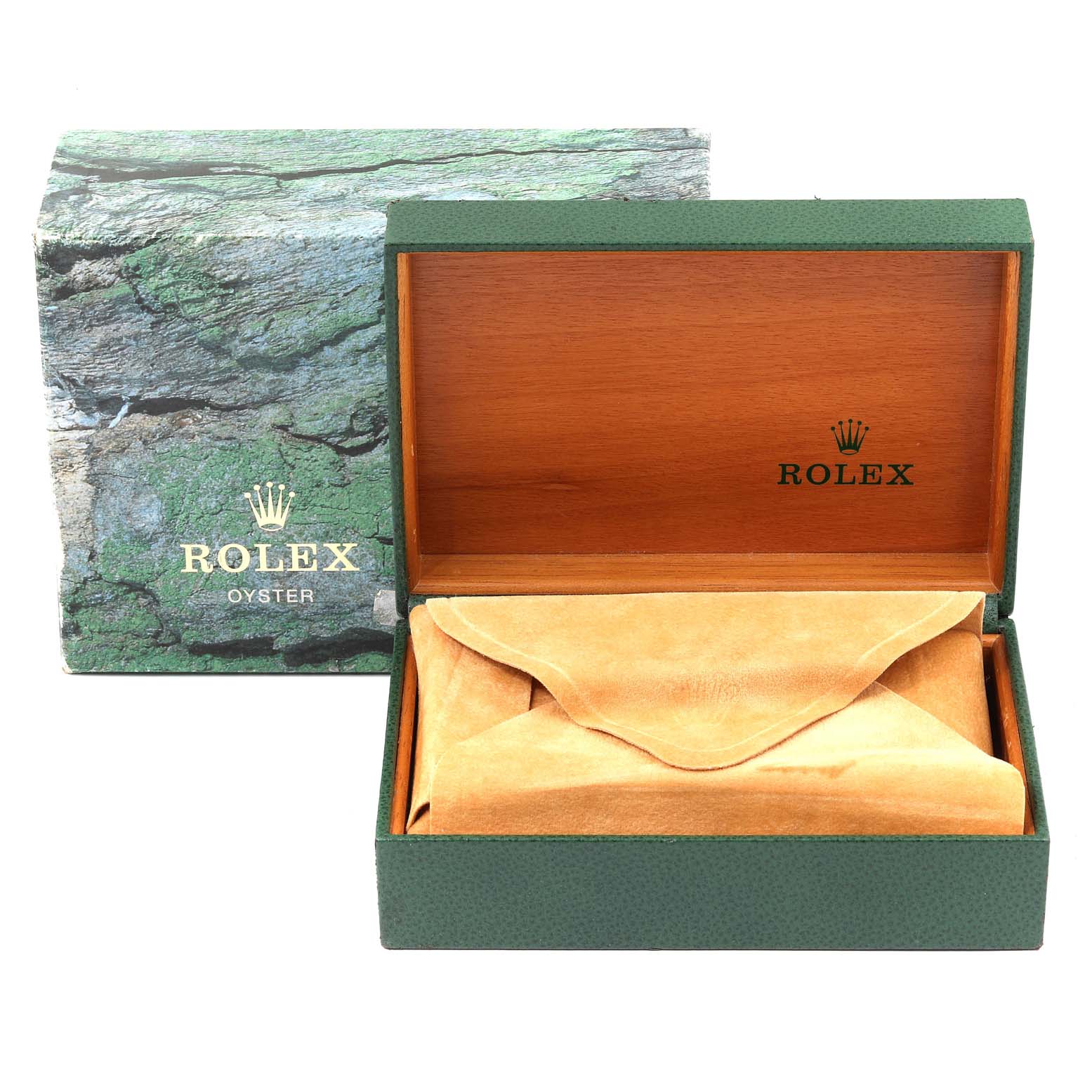 The image shows the packaging of a Rolex Datejust 16233 Men
s Steel and Gold (two tone) Champagne Dial 16233 Men
s Steel and Gold (two tone) Champagne Dial model, including an opened green leather box and an outer cardboard box.