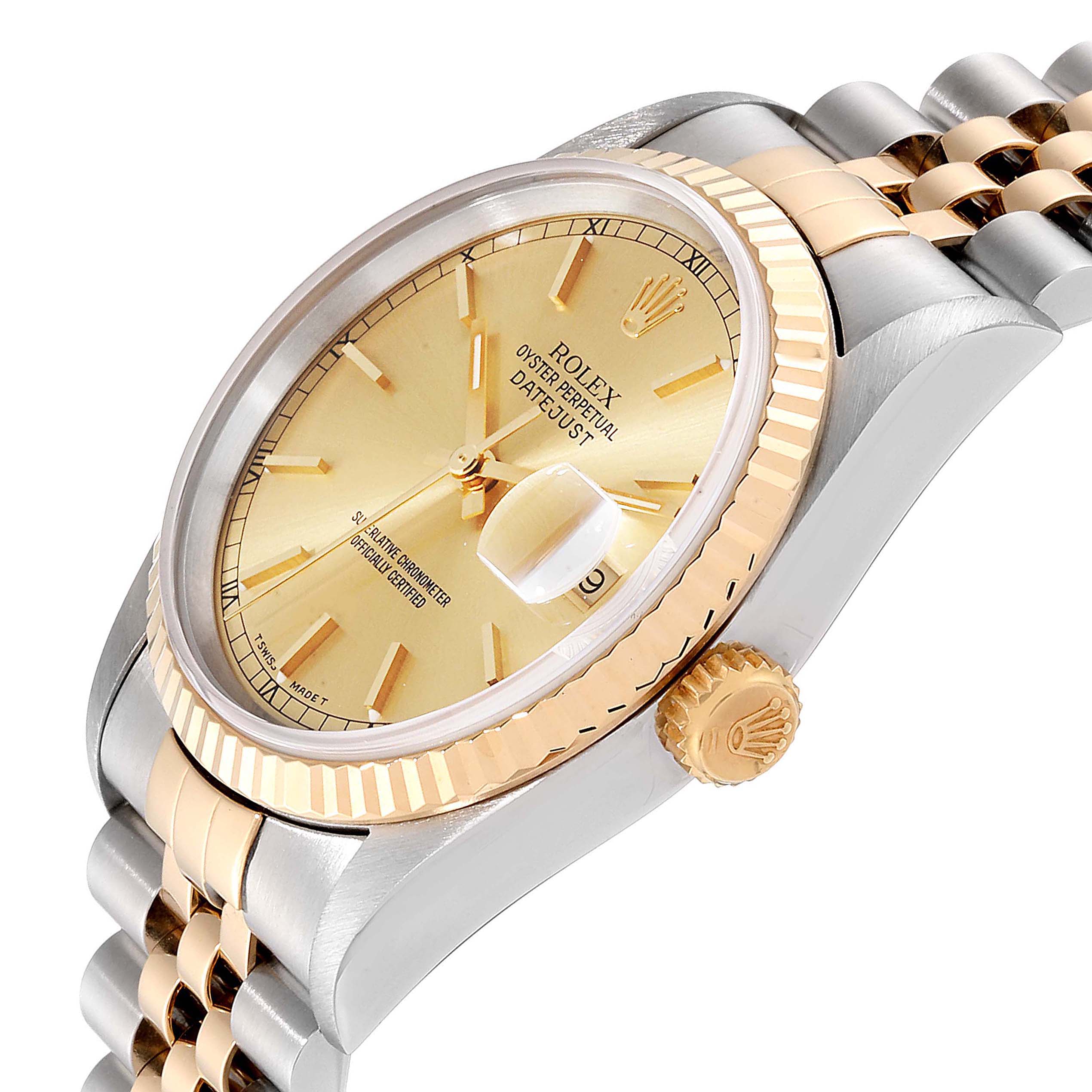 The image shows a side angle of the Rolex Datejust 16233 Men
s Steel and Gold (two tone) Champagne Dial 16233 Men
s Steel and Gold (two tone) Champagne Dial watch, featuring the bezel, crown, dial, and bracelet.