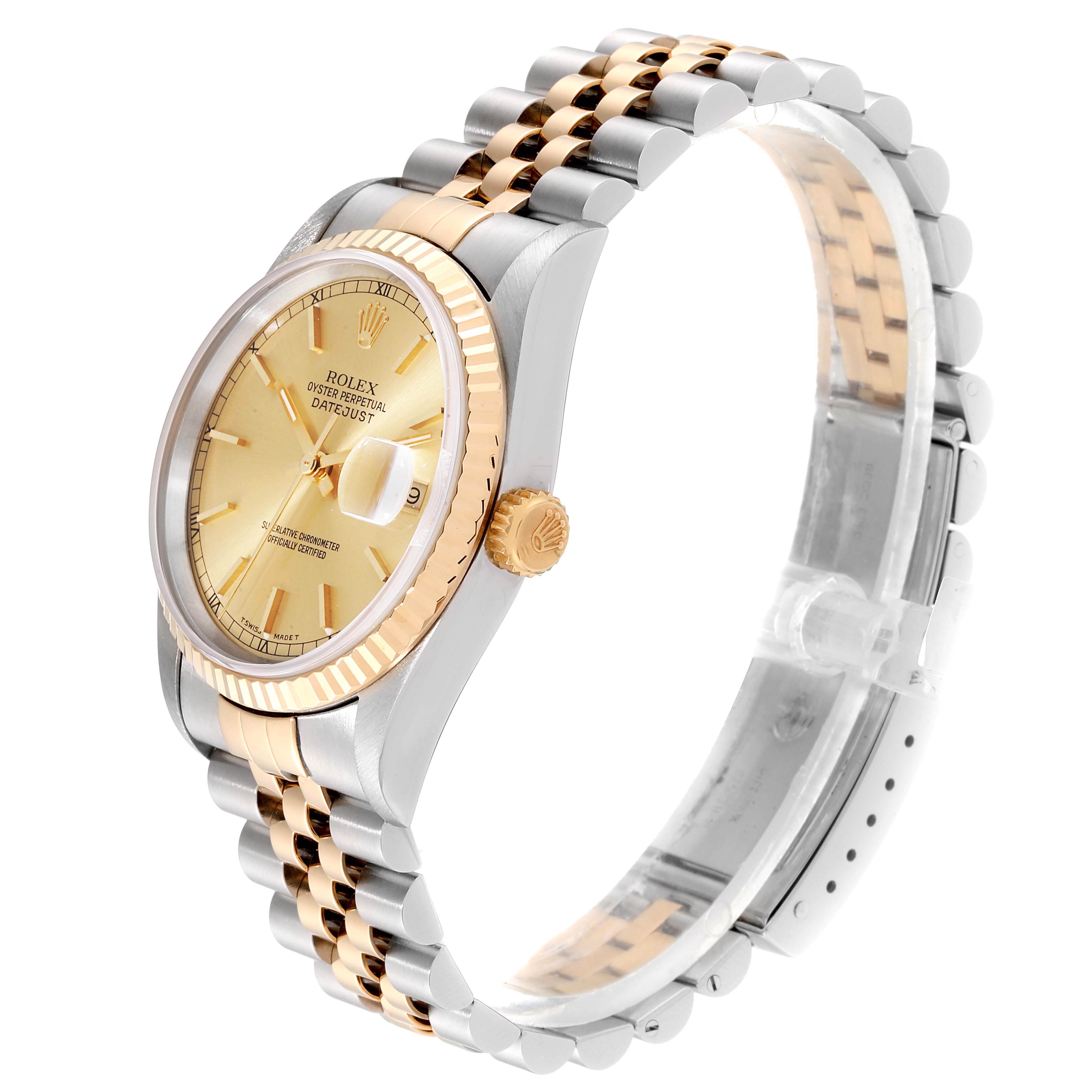 This image shows a side view of the Rolex Datejust 16233 Men
s Steel and Gold (two tone) Champagne Dial 16233 Men
s Steel and Gold (two tone) Champagne Dial watch, highlighting its two-tone bracelet, case, dial, and crown.