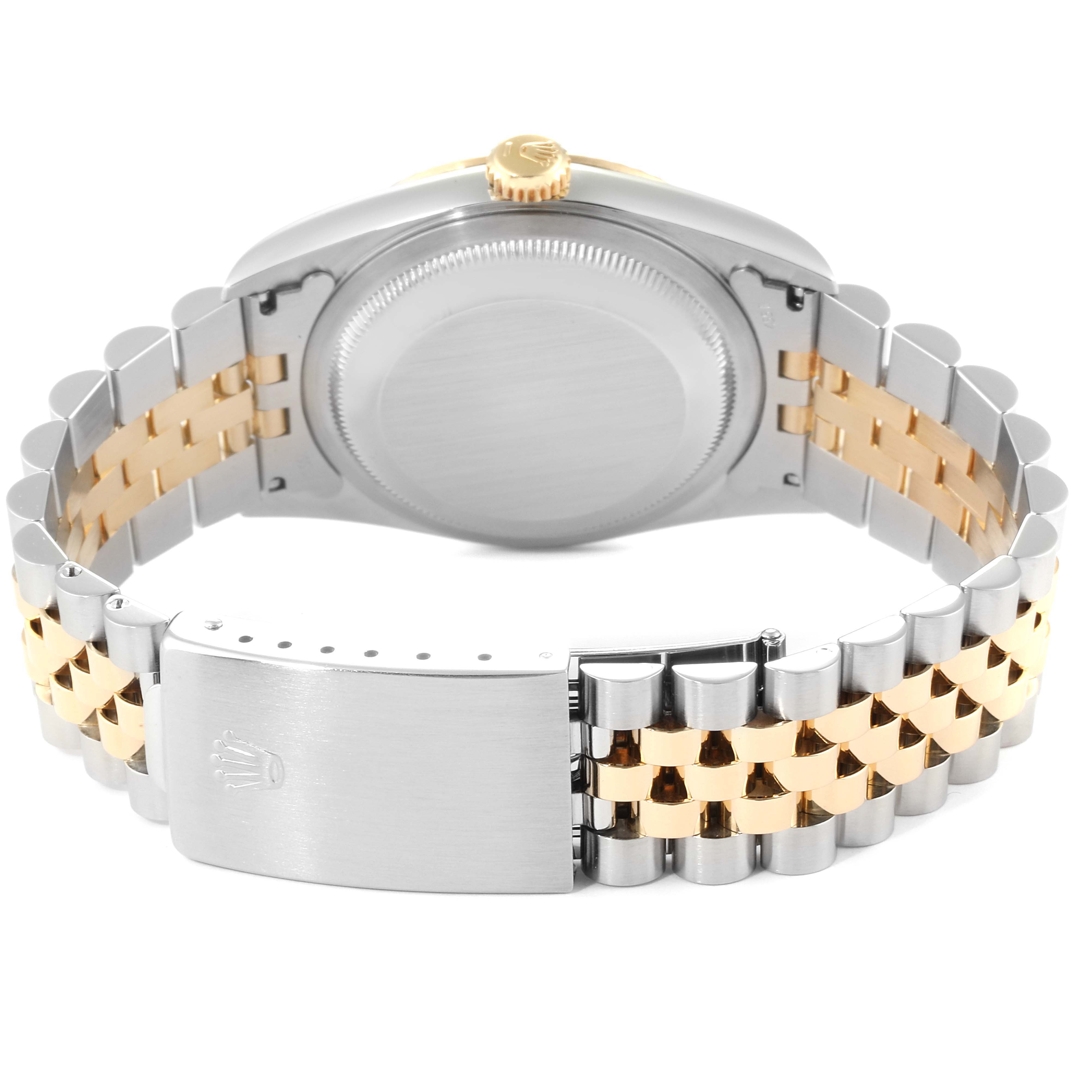 The image shows the back of a Rolex Datejust 16233 Men
s Steel and Gold (two tone) Champagne Dial 16233 Men
s Steel and Gold (two tone) Champagne Dial watch, highlighting the case back, crown, and two-tone Jubilee bracelet with clasp.