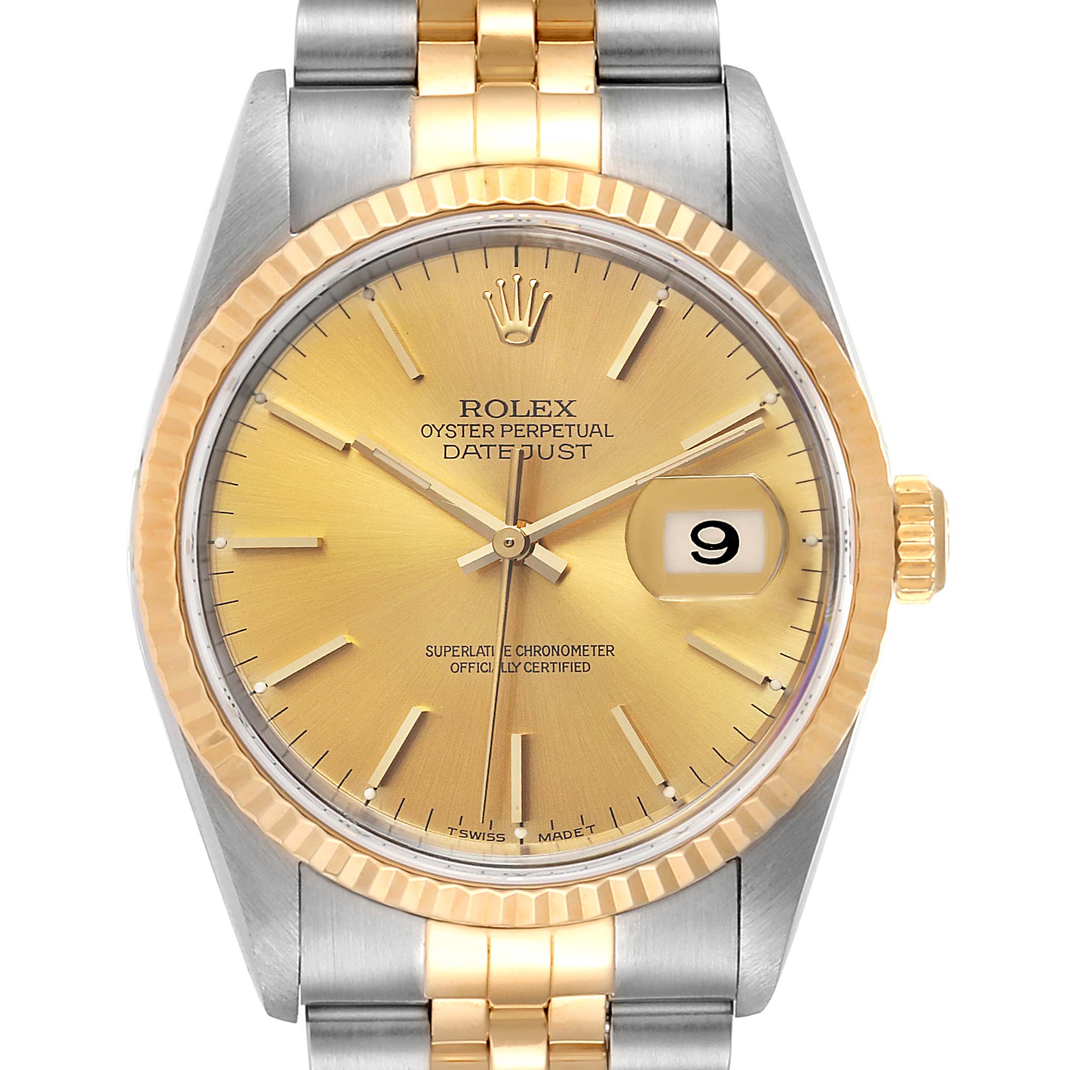 The image shows a close-up of the Rolex Datejust 16233 Men
s Steel and Gold (two tone) Champagne Dial 16233 Men
s Steel and Gold (two tone) Champagne Dial watch face and band, highlighting the dial, hands, date window, and part of the bracelet.