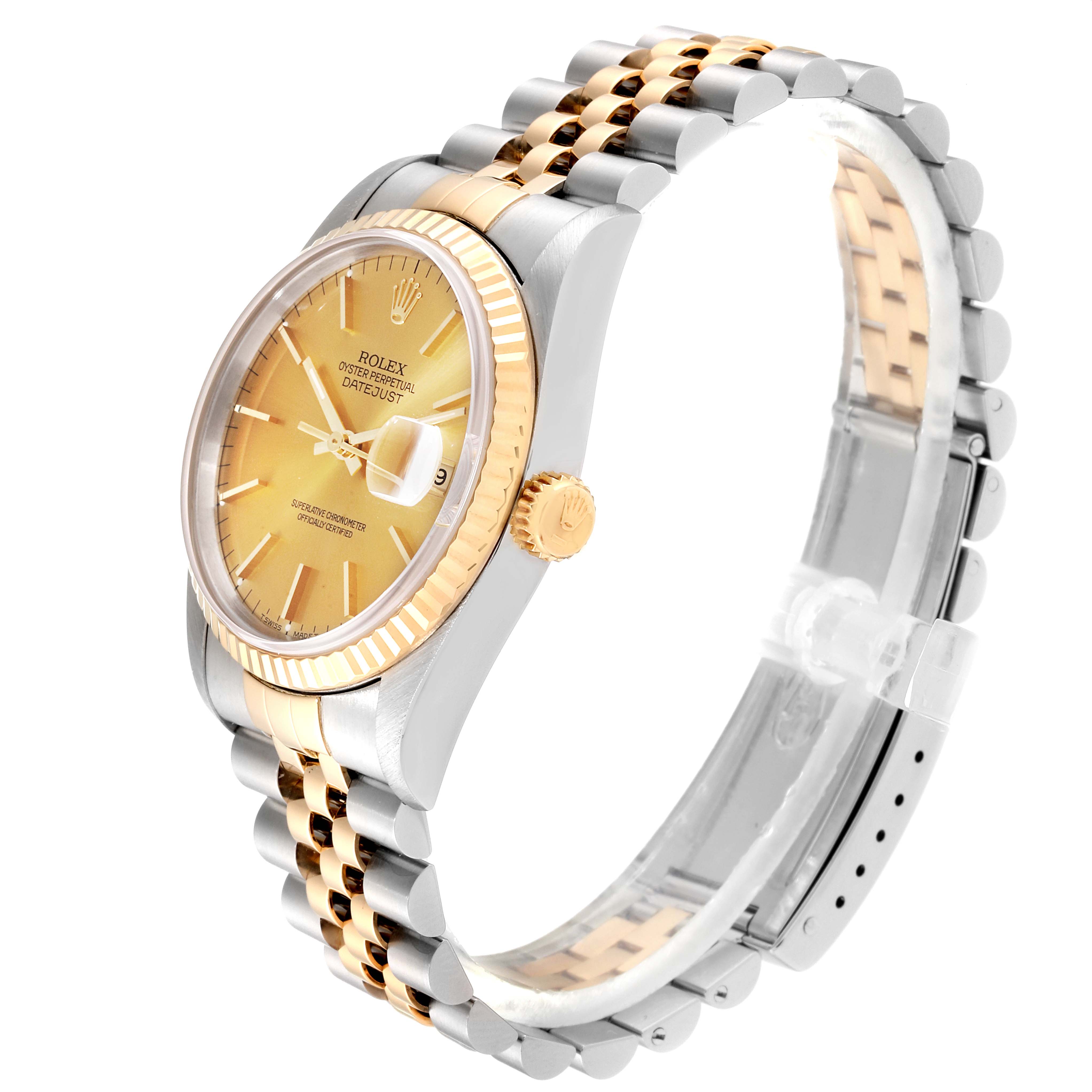The image shows a Rolex Datejust 16233 Men
s Steel and Gold (two tone) Champagne Dial 16233 Men
s Steel and Gold (two tone) Champagne Dial watch at a three-quarter angle, highlighting its gold dial, fluted bezel, and two-tone bracelet.
