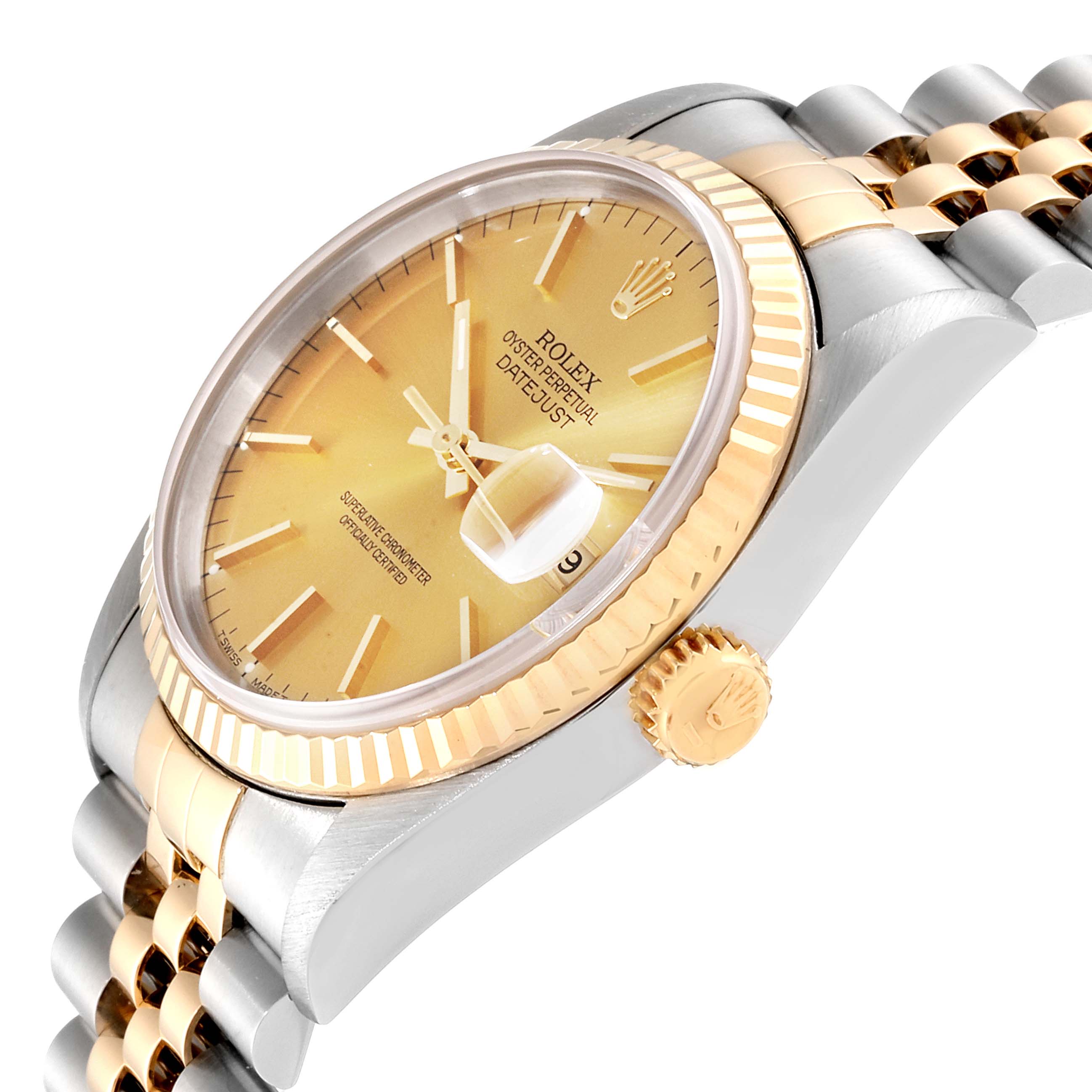 The image shows a side angle of the Rolex Datejust 16233 Men
s Steel and Gold (two tone) Champagne Dial 16233 Men
s Steel and Gold (two tone) Champagne Dial watch, highlighting the crown, bezel, and part of the bracelet.