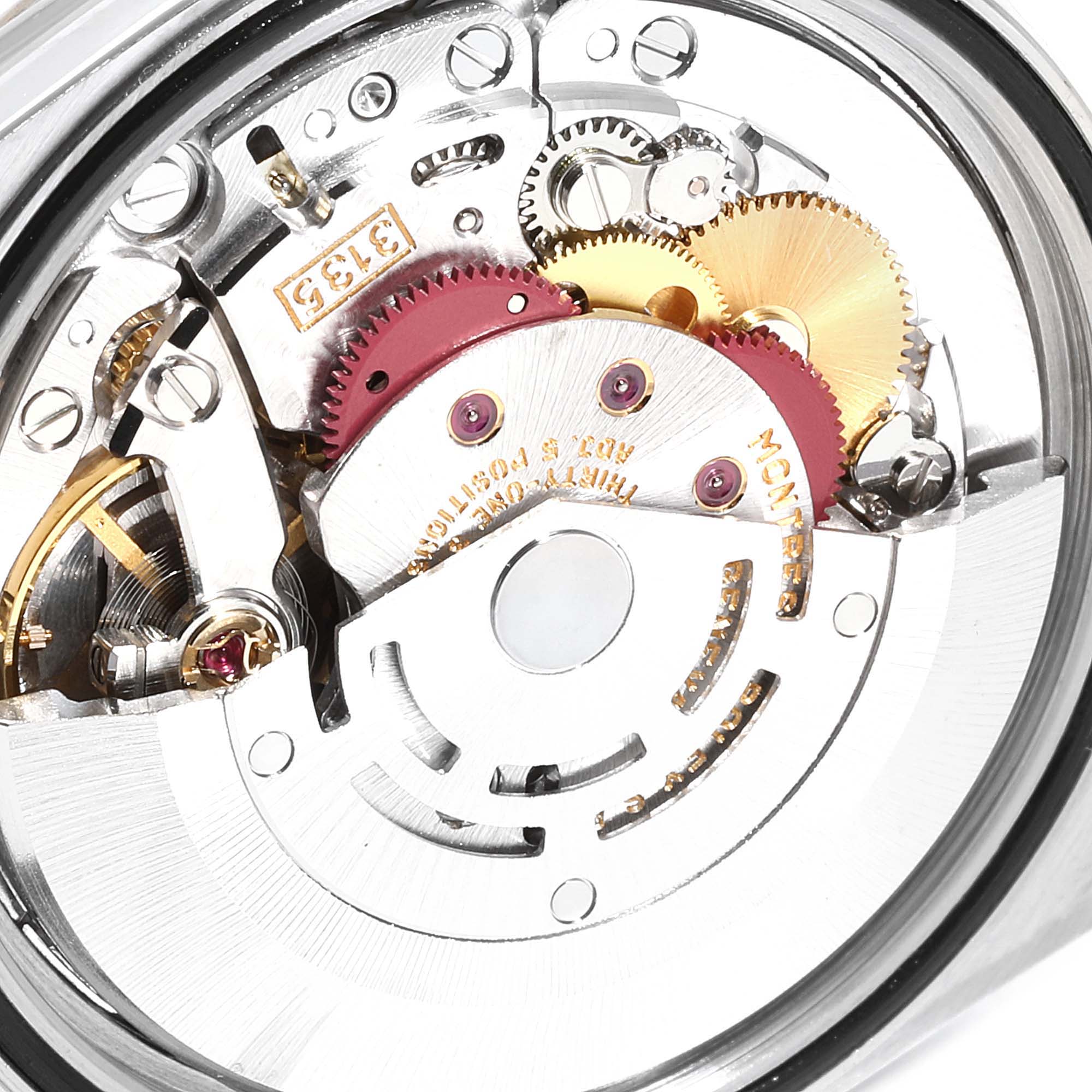 This image shows the detailed internal movement of a Rolex Datejust 16233 Men
s Steel and Gold (two tone) Champagne Dial 16233 Men
s Steel and Gold (two tone) Champagne Dial watch from a macro perspective.