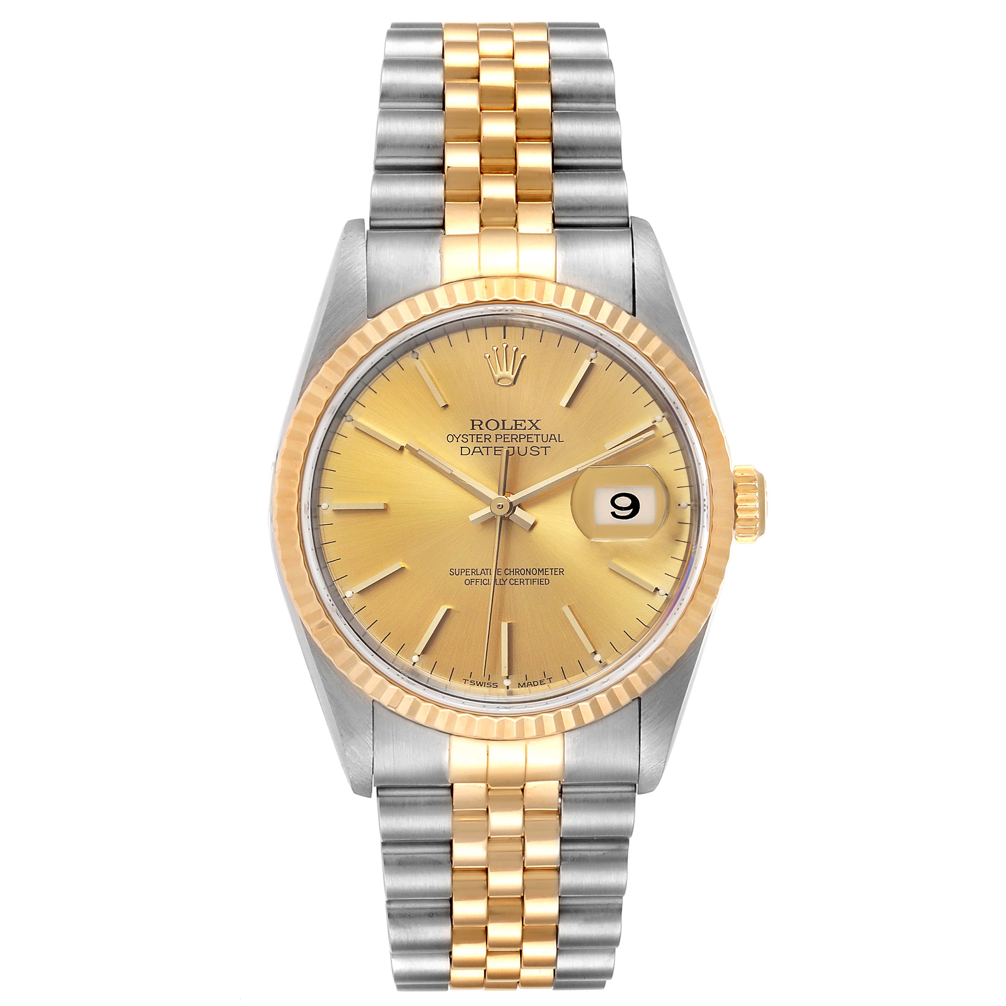 The Rolex Datejust 16233 Men
s Steel and Gold (two tone) Champagne Dial 16233 Men
s Steel and Gold (two tone) Champagne Dial watch is shown from a front angle, displaying its dial, bezel, and two-tone bracelet.