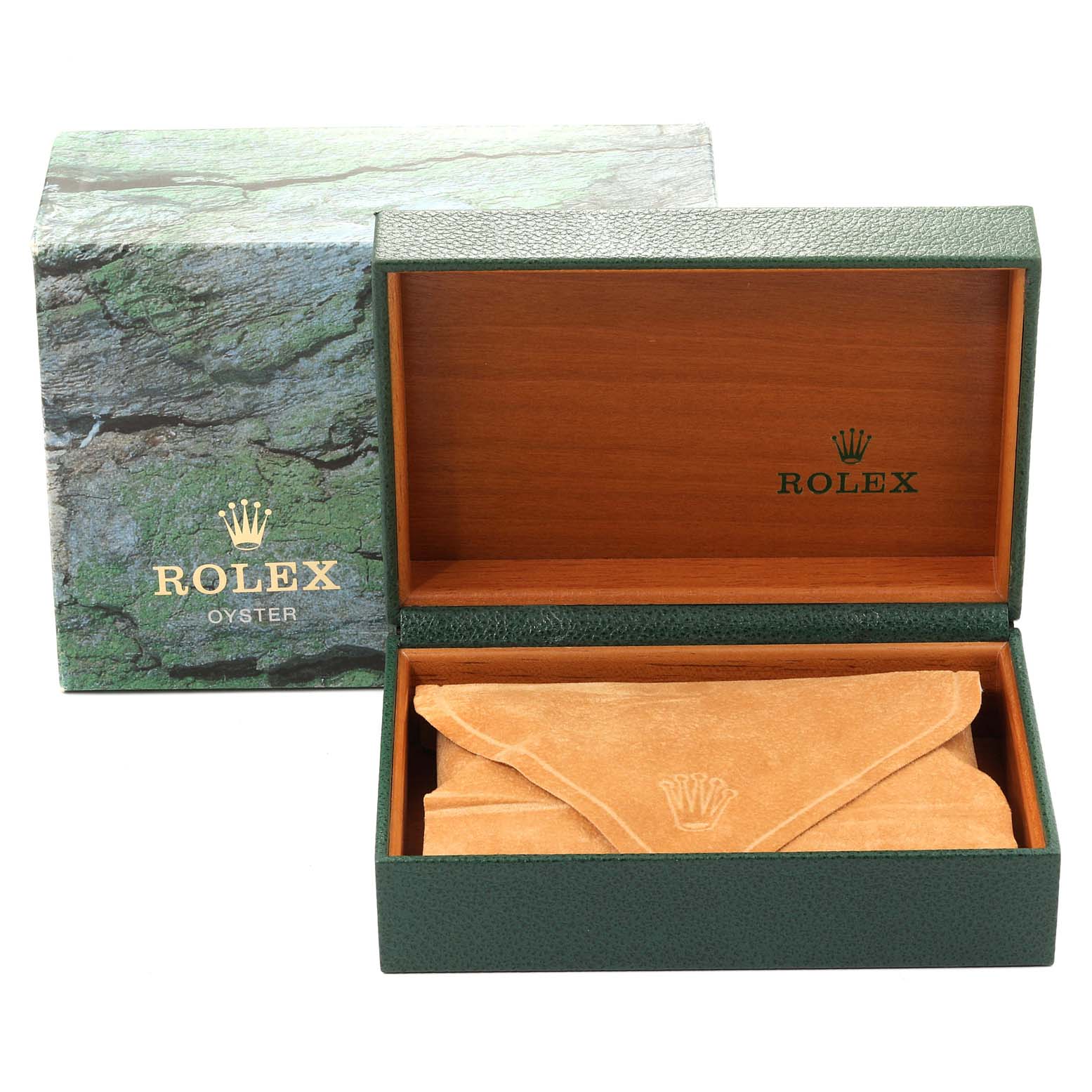 This image shows the packaging for a Rolex Datejust 16233 Men
s Steel and Gold (two tone) Champagne Dial 16233 Men
s Steel and Gold (two tone) Champagne Dial watch, including a green presentation box, outer box, and suede watch pouch.