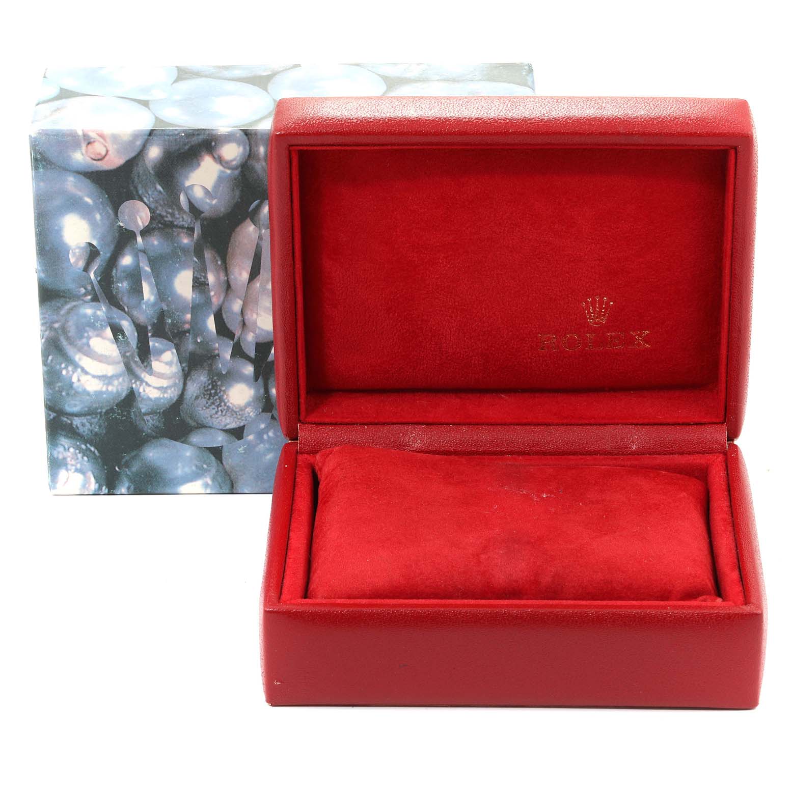 The image shows an open red watch box with the Rolex logo, likely for the Rolex Datejust 69174 Women's Stainless Steel Blue Dial 69174 Women's Stainless Steel Blue Dial model, seen from a front angle.