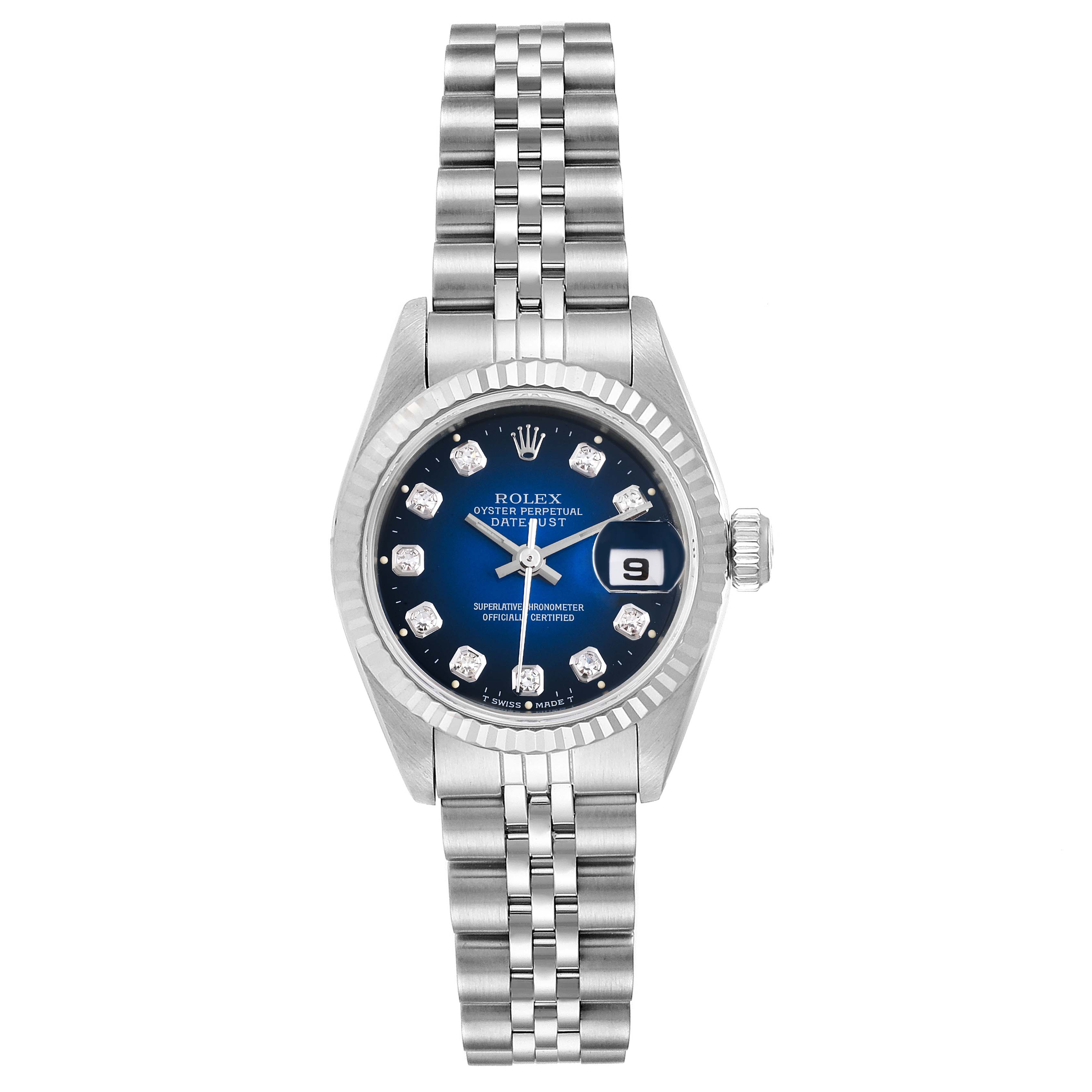 This image shows a Rolex Datejust 69174 Women's Stainless Steel Blue Dial 69174 Women's Stainless Steel Blue Dial watch from a front angle, highlighting the face, bezel, and bracelet.