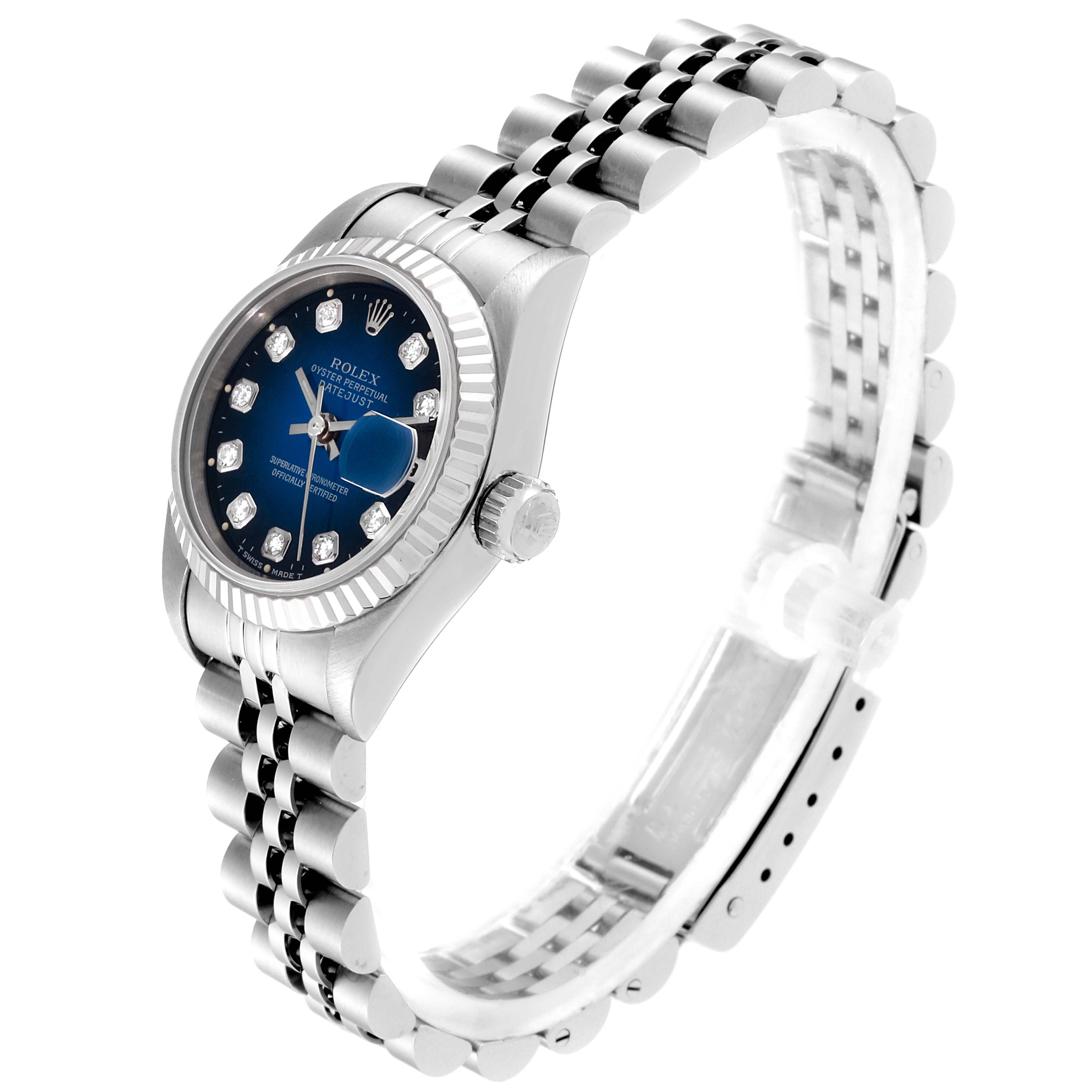 This image shows a side angled view of a Rolex Datejust 69174 Women's Stainless Steel Blue Dial 69174 Women's Stainless Steel Blue Dial watch, highlighting the bezel, dial, crown, and bracelet.